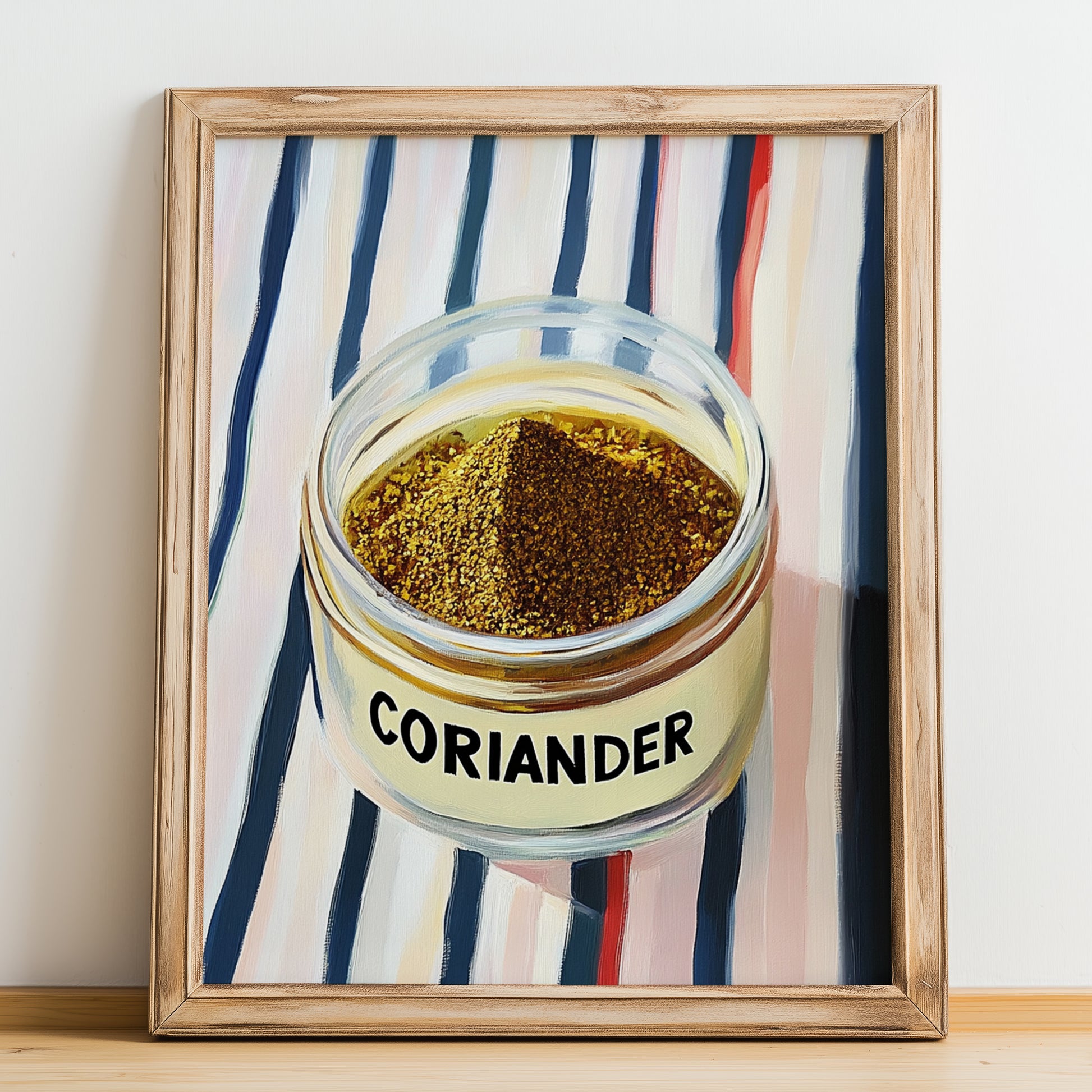 Coriander – on Striped Tablecloth, Spices Poster, no-text version framed in wood