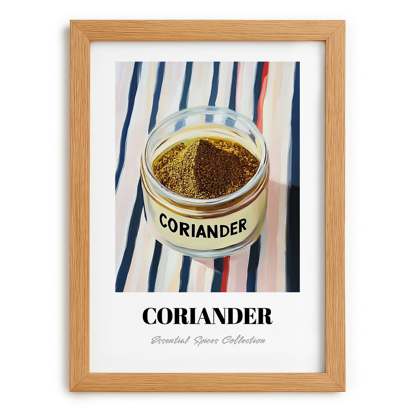 Coriander – on Striped Tablecloth, Spices Poster, set in oak frame