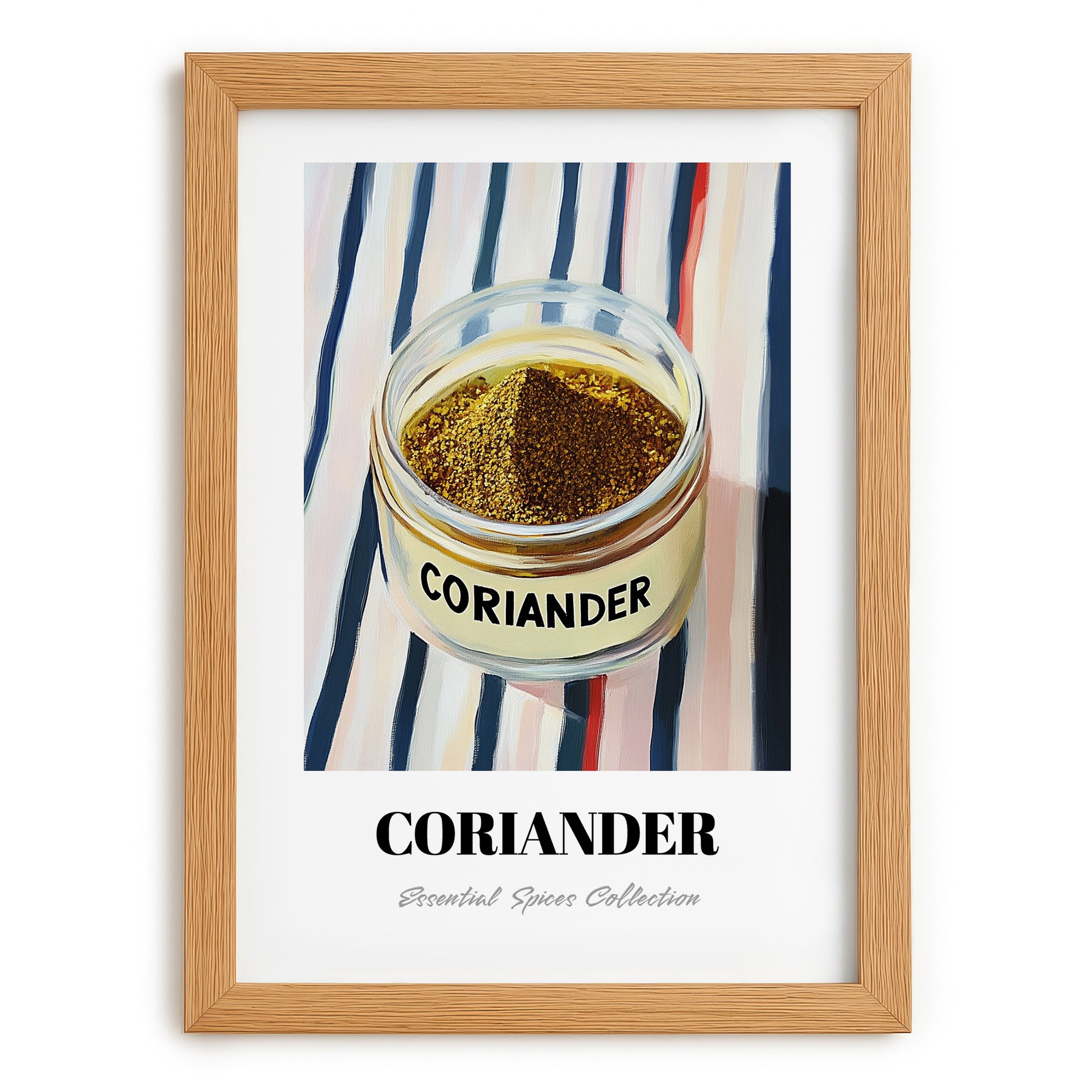 Coriander – on Striped Tablecloth, Spices Poster, set in oak frame