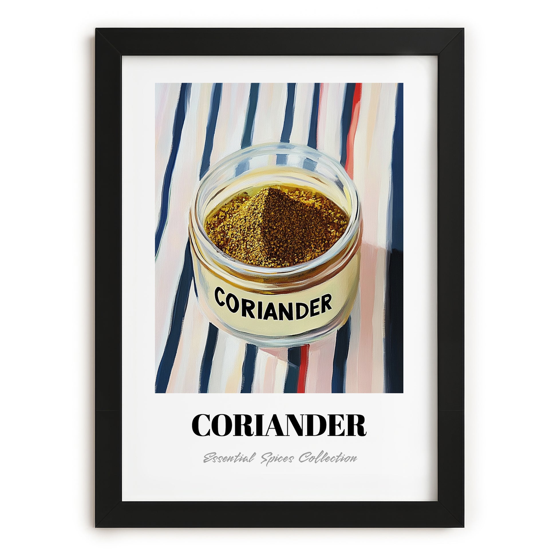 Coriander – on Striped Tablecloth, Spices Poster, in sleek black frame