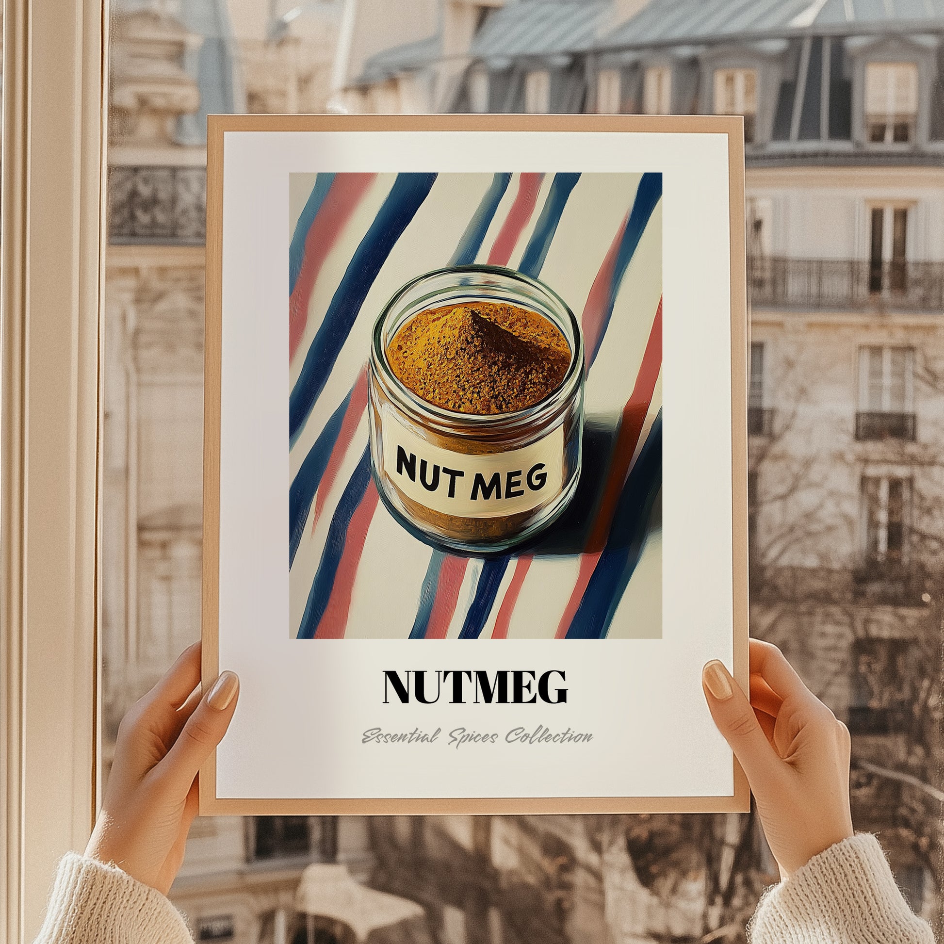 Nutmeg – on Striped Tablecloth, Spices Illustration, styled in a charming Paris street view