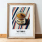Nutmeg – on Striped Tablecloth, Spices Illustration, in wooden frame leaning on the floor