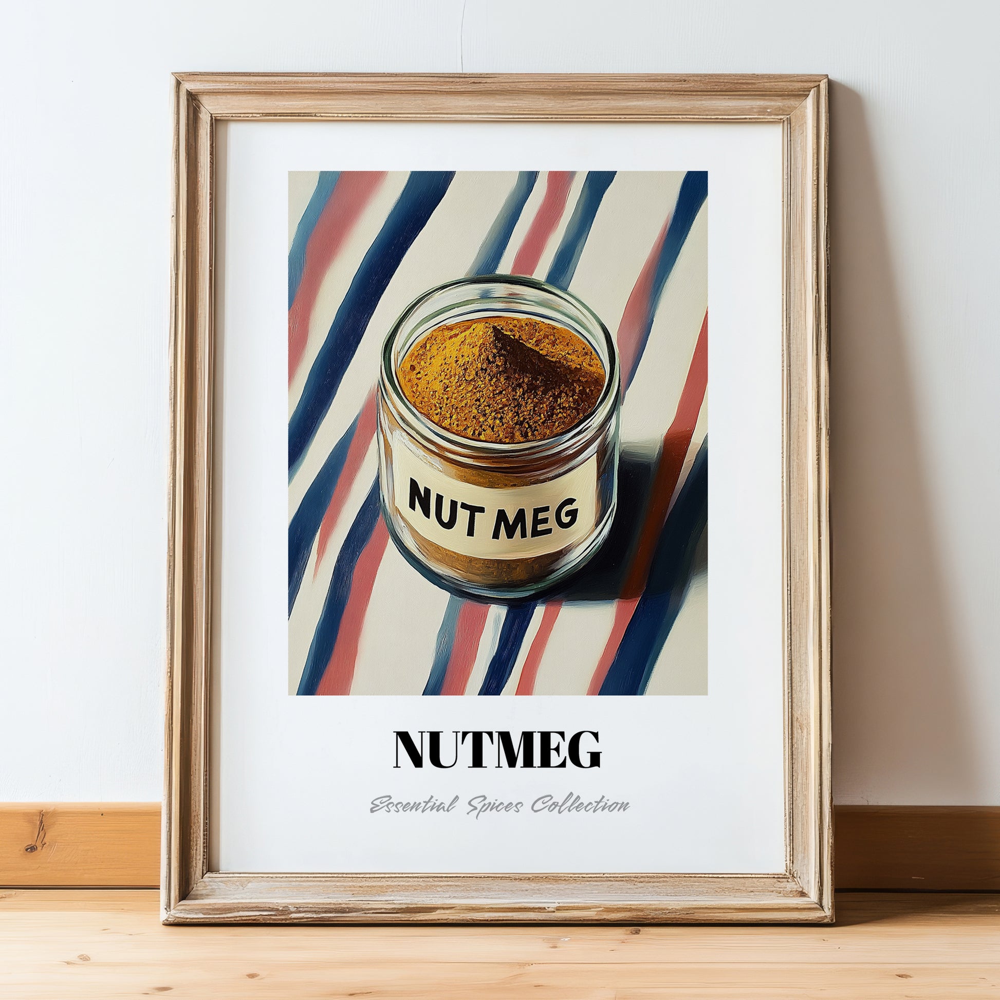 Nutmeg – on Striped Tablecloth, Spices Illustration, in wooden frame leaning on the floor