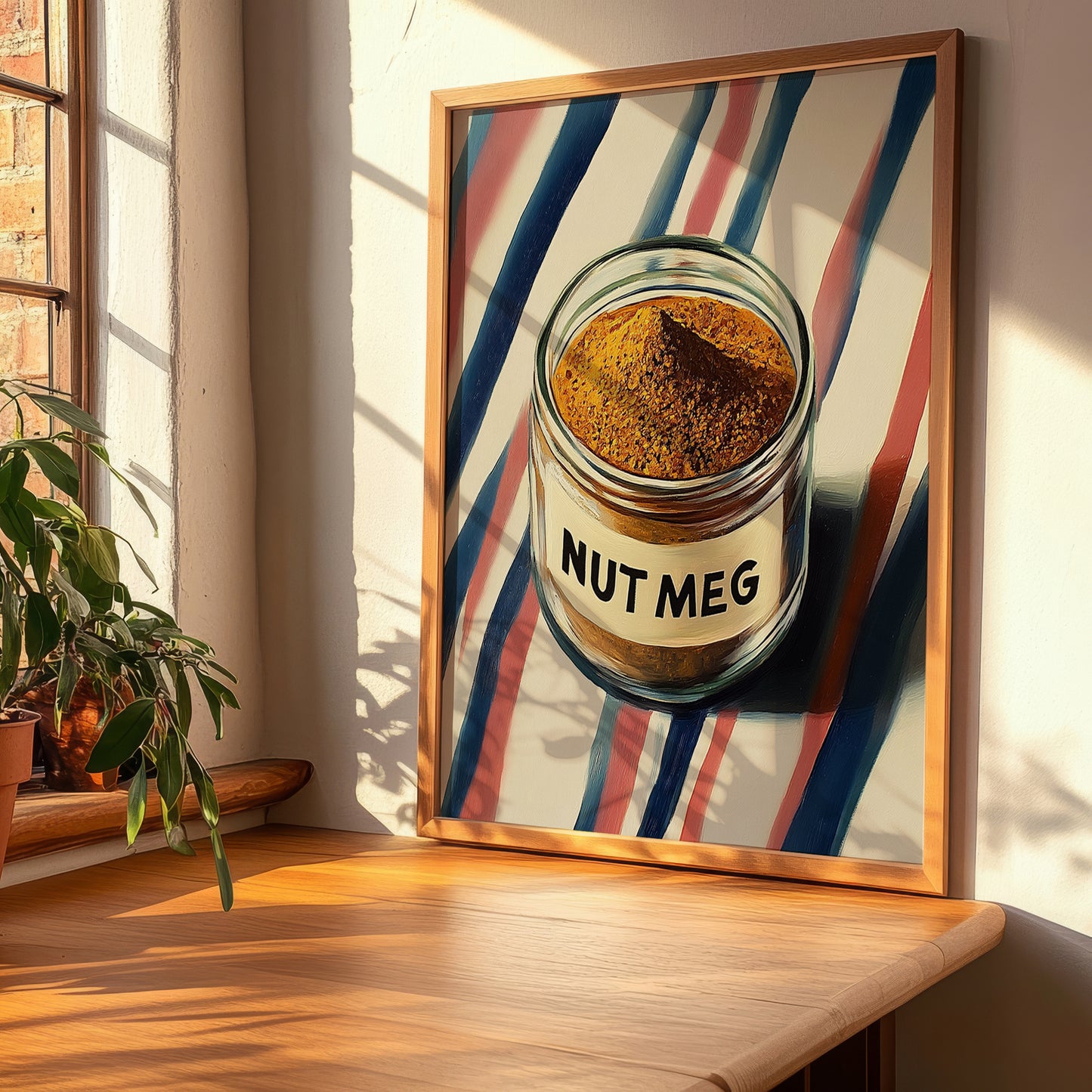 Nutmeg – on Striped Tablecloth, Spices Illustration, clean layout with no caption