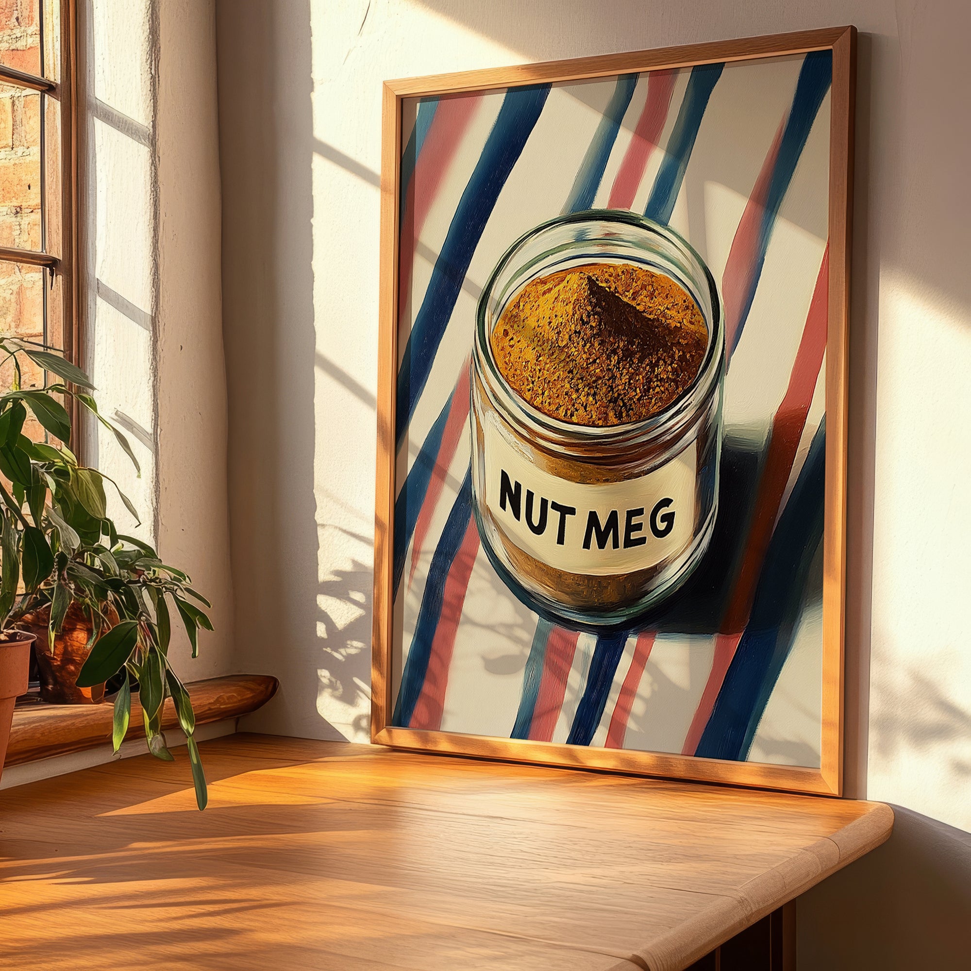 Nutmeg – on Striped Tablecloth, Spices Illustration, clean layout with no caption