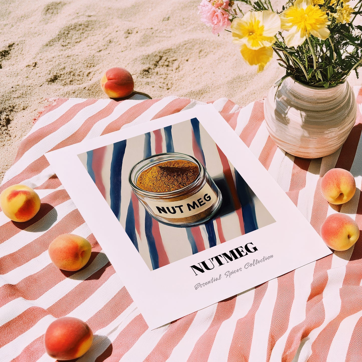 Nutmeg – on Striped Tablecloth, Spices Illustration, unframed on coastal sand