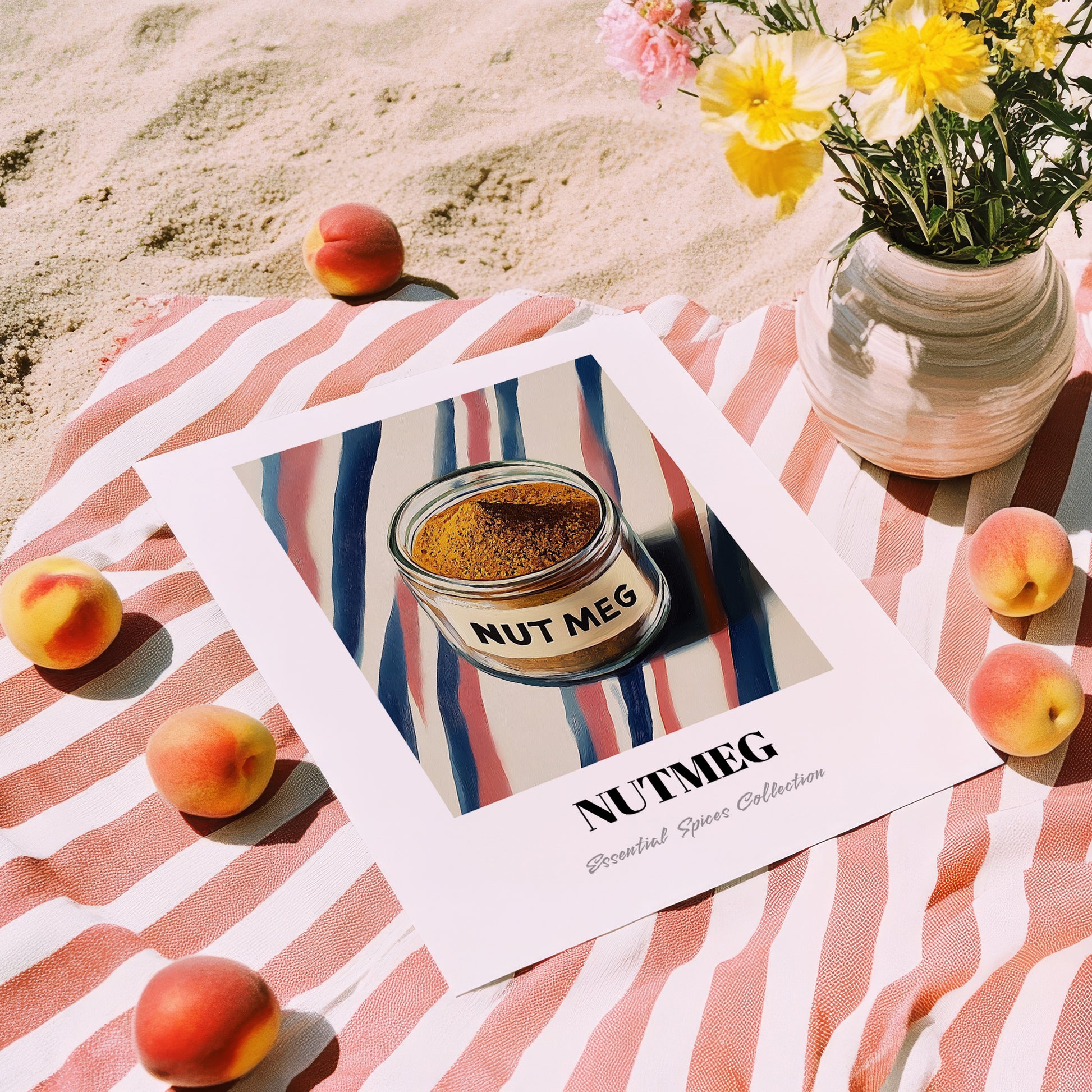 Nutmeg – on Striped Tablecloth, Spices Illustration, unframed on coastal sand