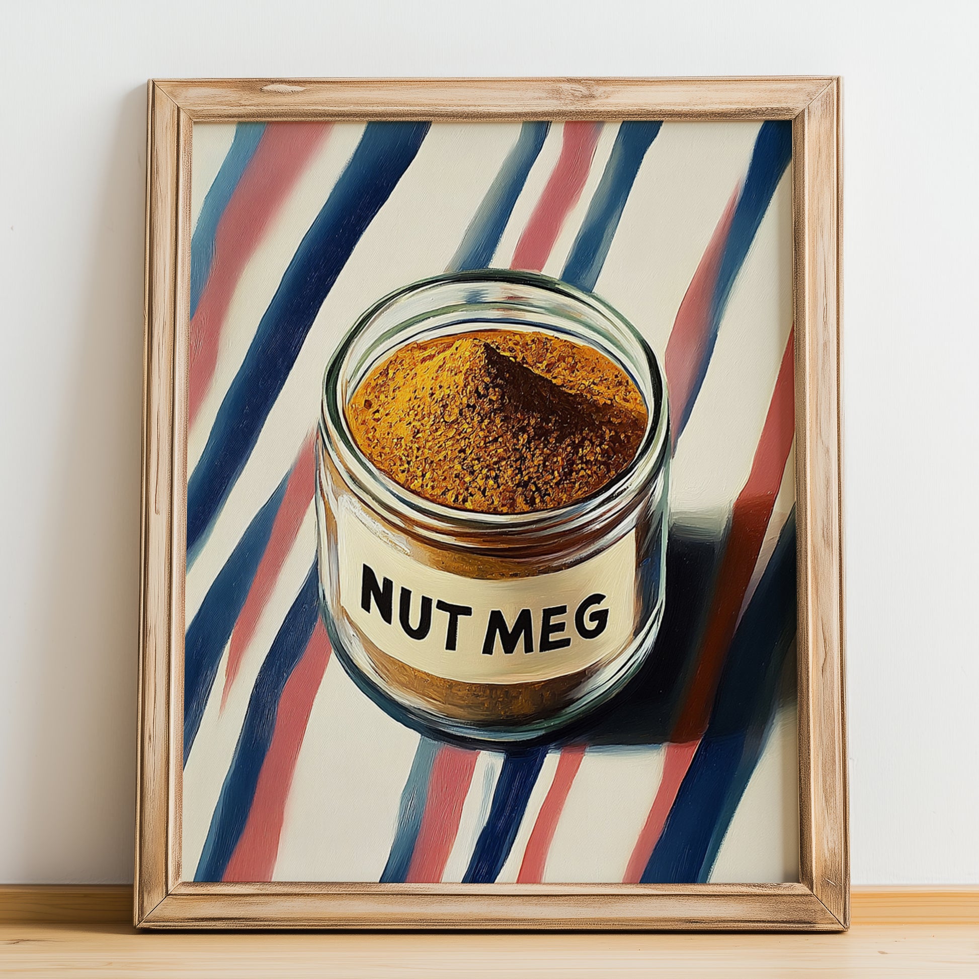 Nutmeg – on Striped Tablecloth, Spices Illustration, no-text version framed in wood