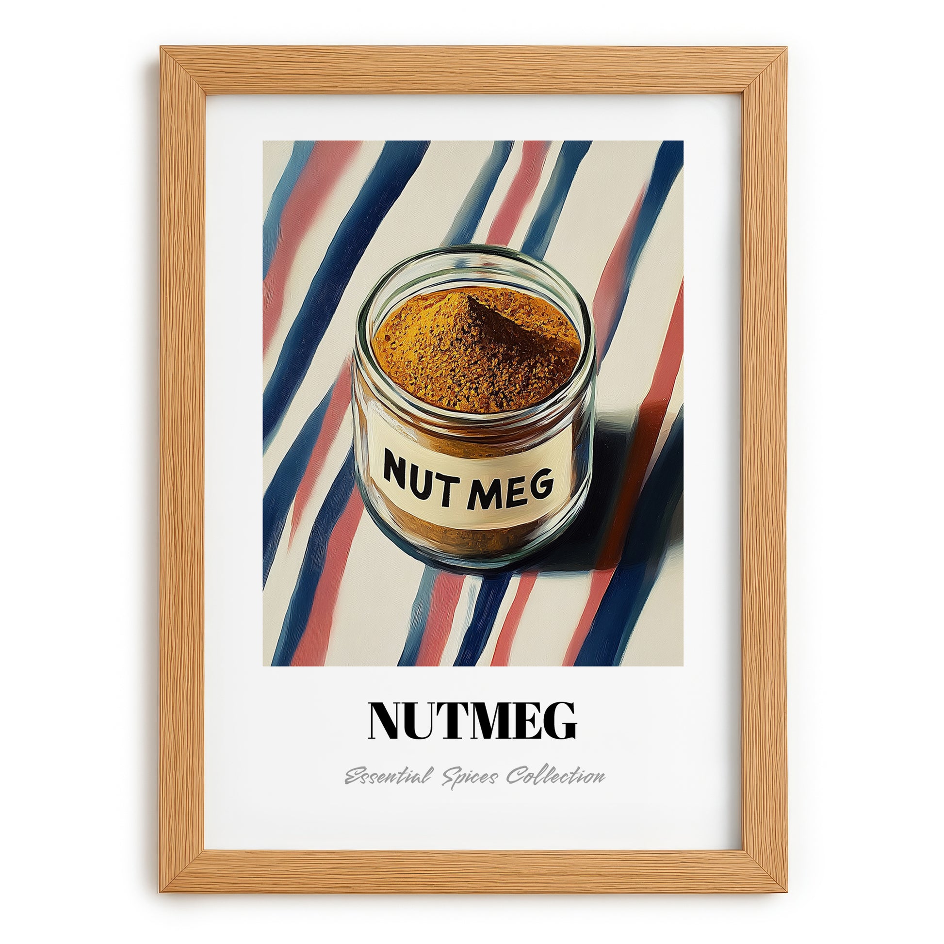 Nutmeg – on Striped Tablecloth, Spices Illustration, set in oak frame