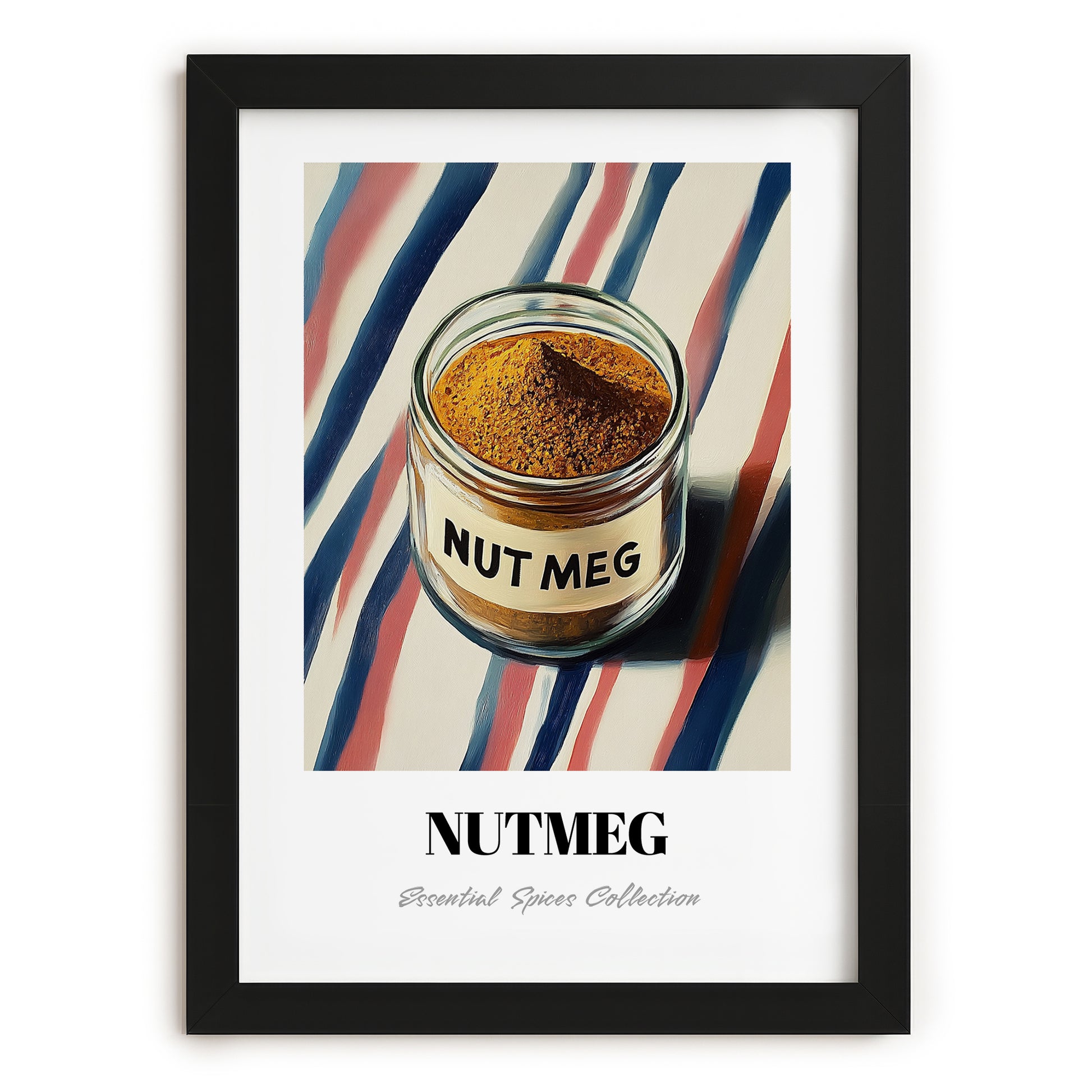 Nutmeg – on Striped Tablecloth, Spices Illustration, in sleek black frame