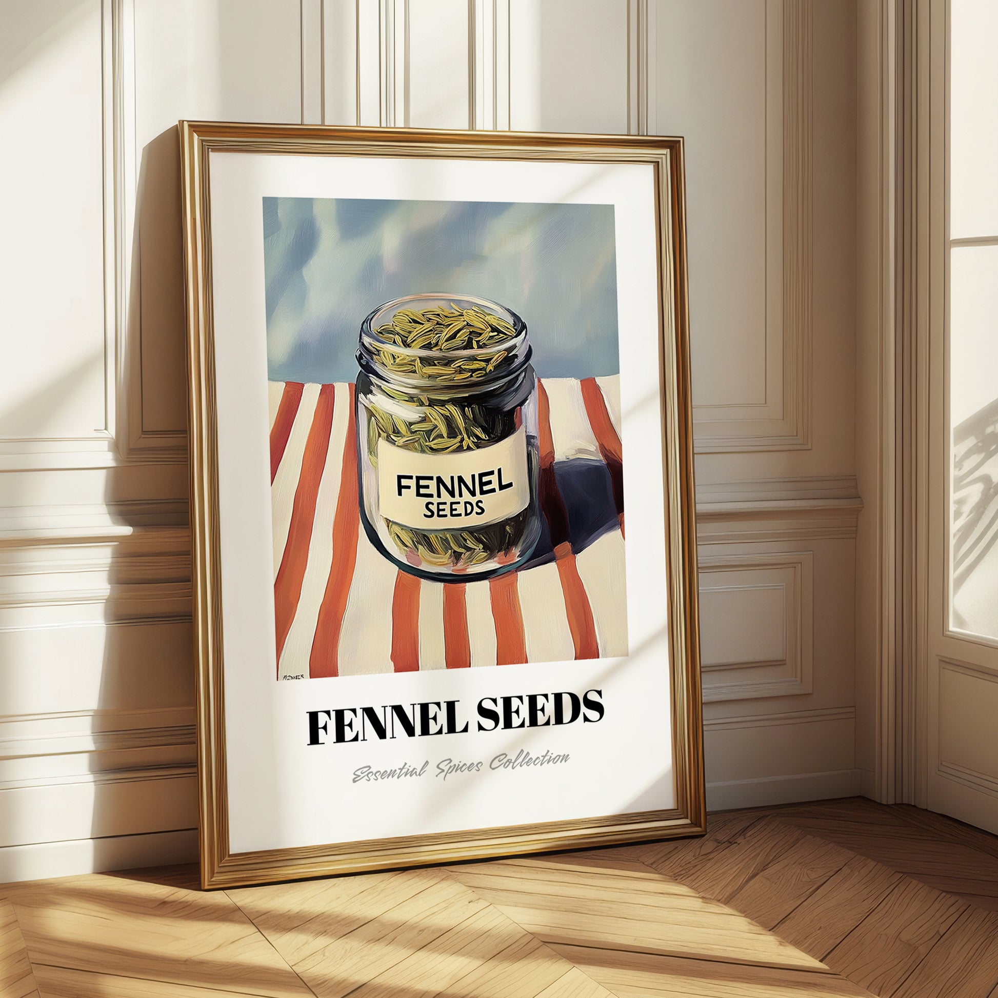 Fennel Seeds – on Striped Tablecloth, Spices Art