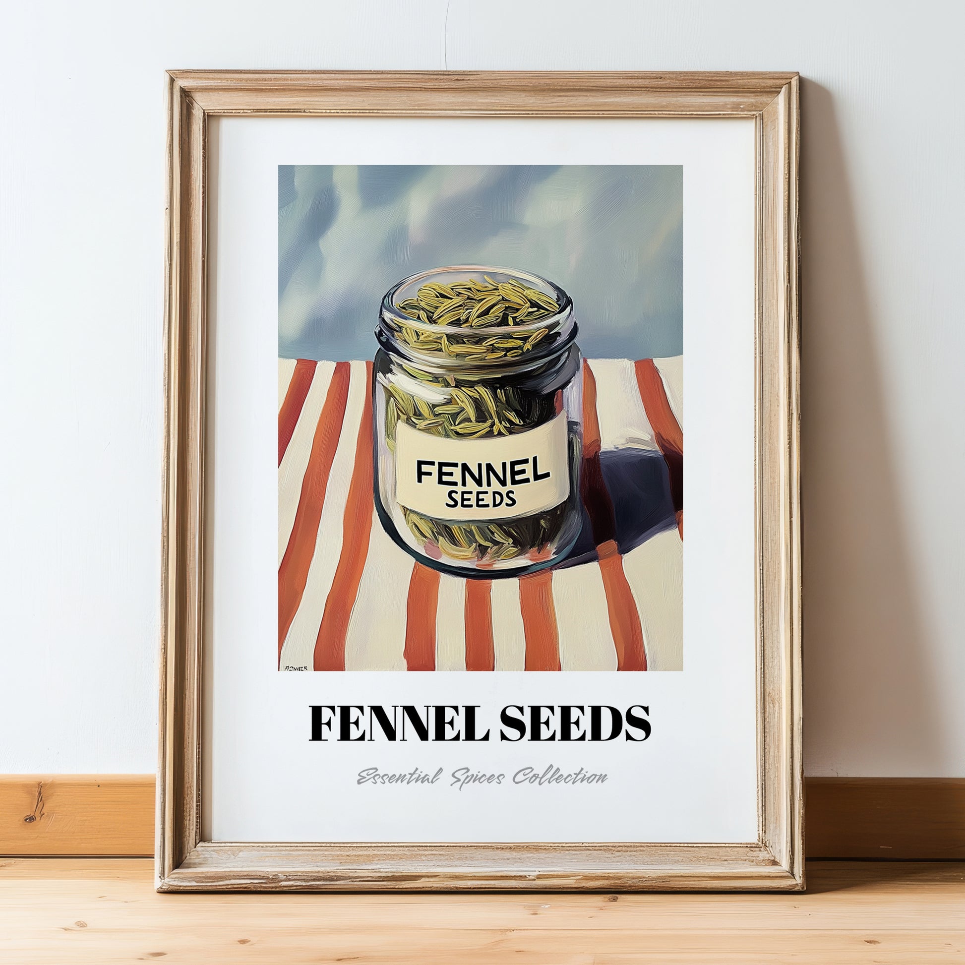 Fennel Seeds – on Striped Tablecloth, Spices Art, in wooden frame leaning on the floor