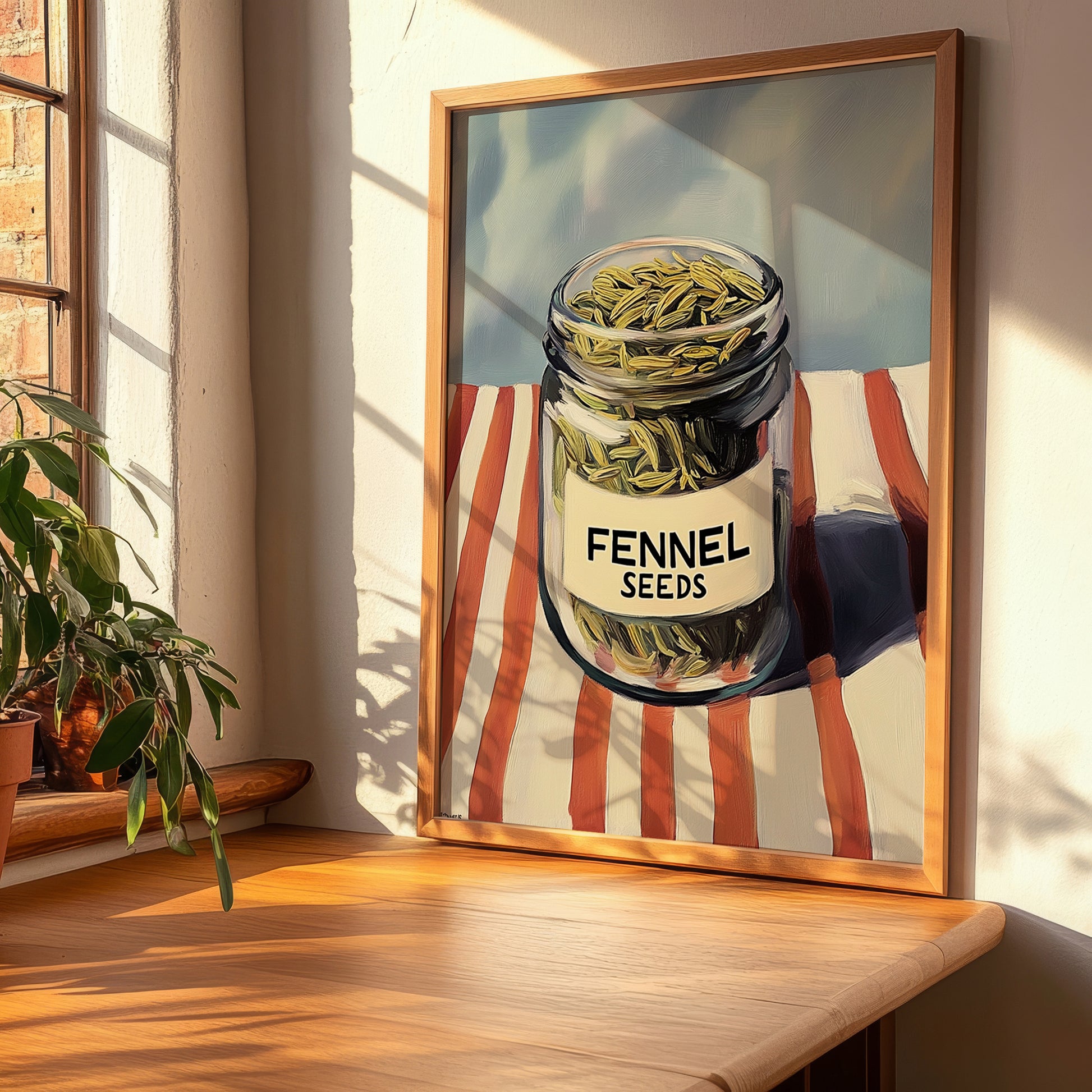 Fennel Seeds – on Striped Tablecloth, Spices Art, clean layout with no caption
