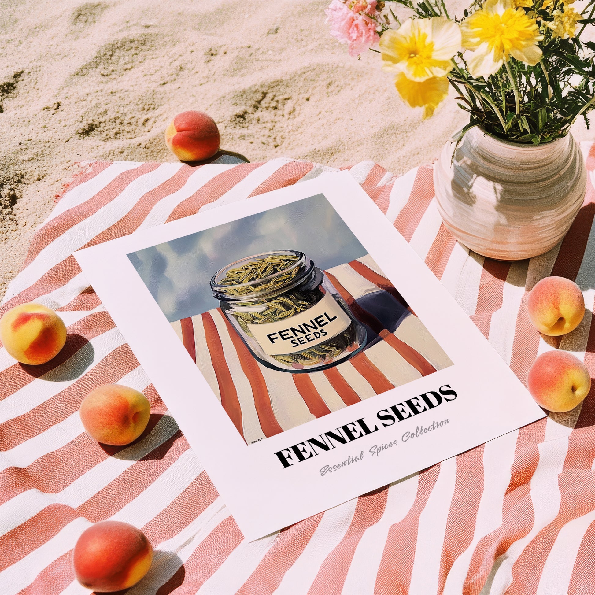 Fennel Seeds – on Striped Tablecloth, Spices Art, unframed on coastal sand