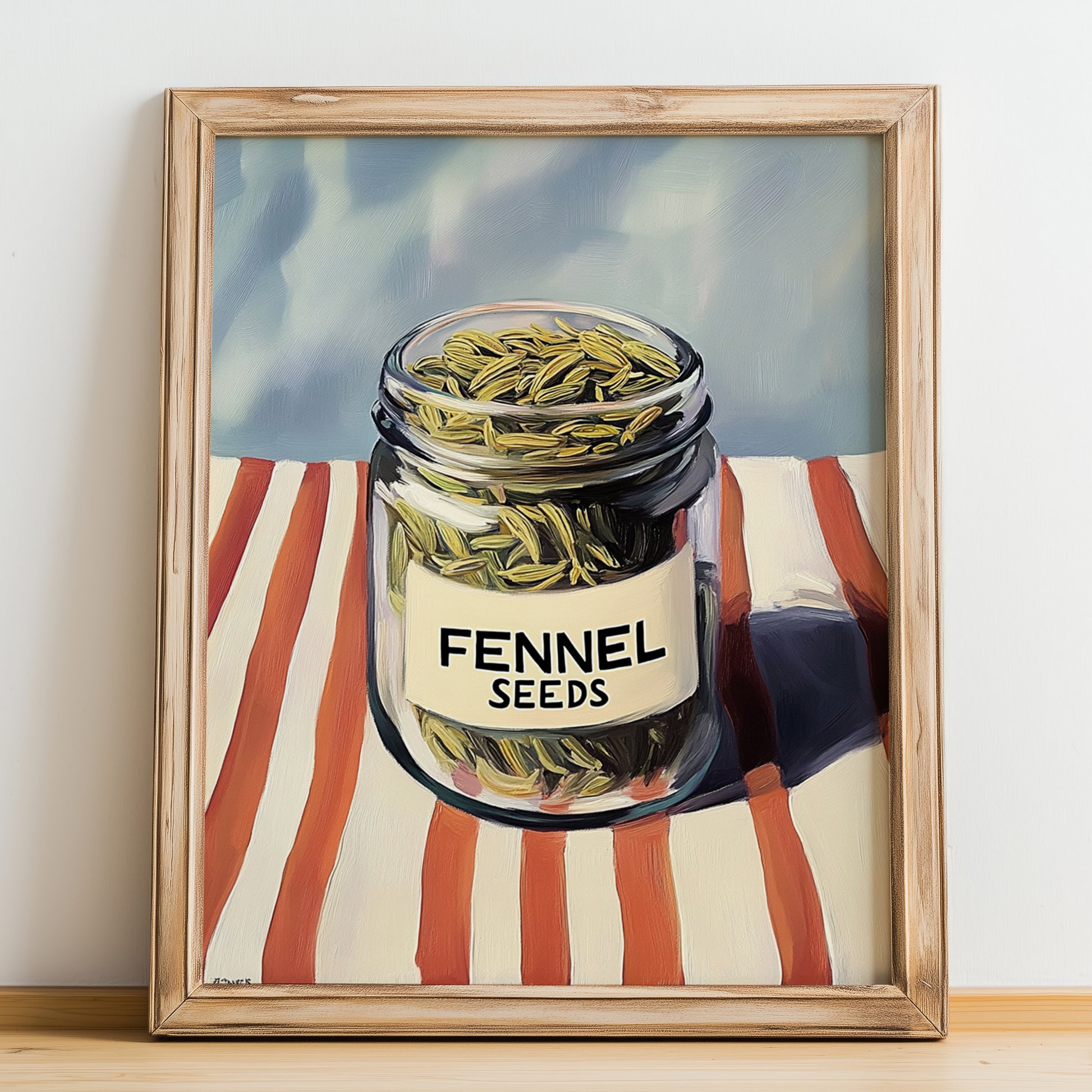Fennel Seeds – on Striped Tablecloth, Spices Art, no-text version framed in wood