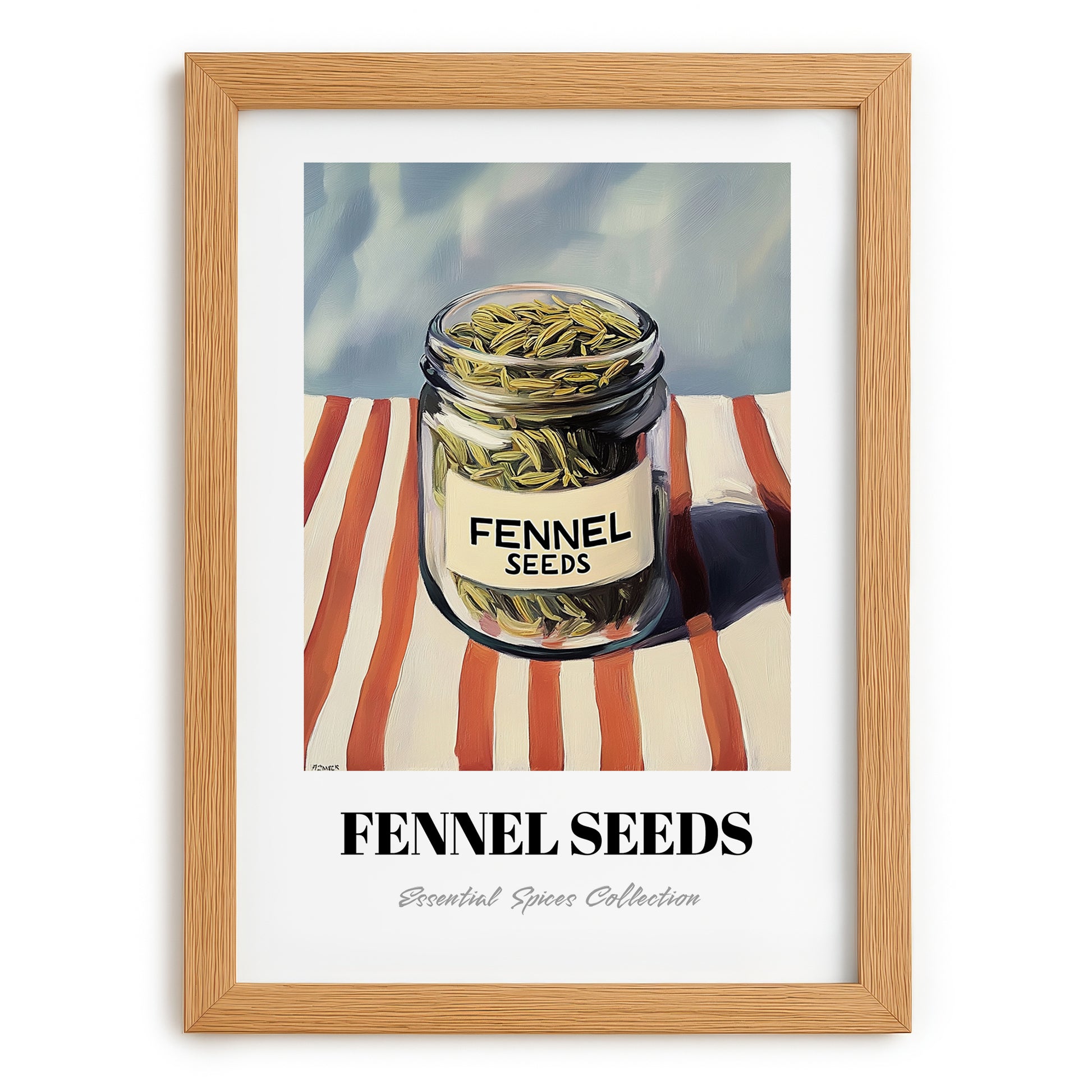 Fennel Seeds – on Striped Tablecloth, Spices Art, set in oak frame