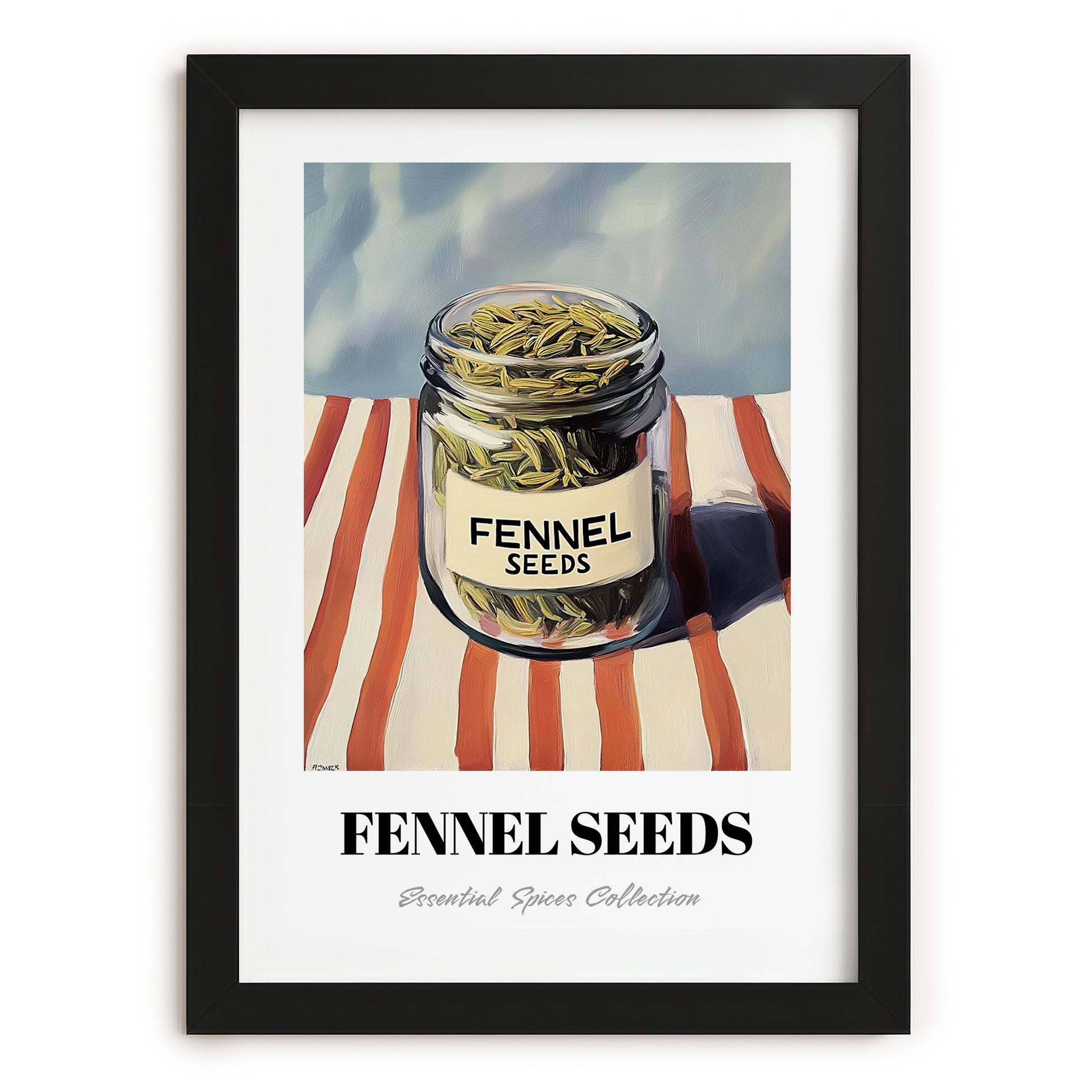 Fennel Seeds – on Striped Tablecloth, Spices Art, in sleek black frame