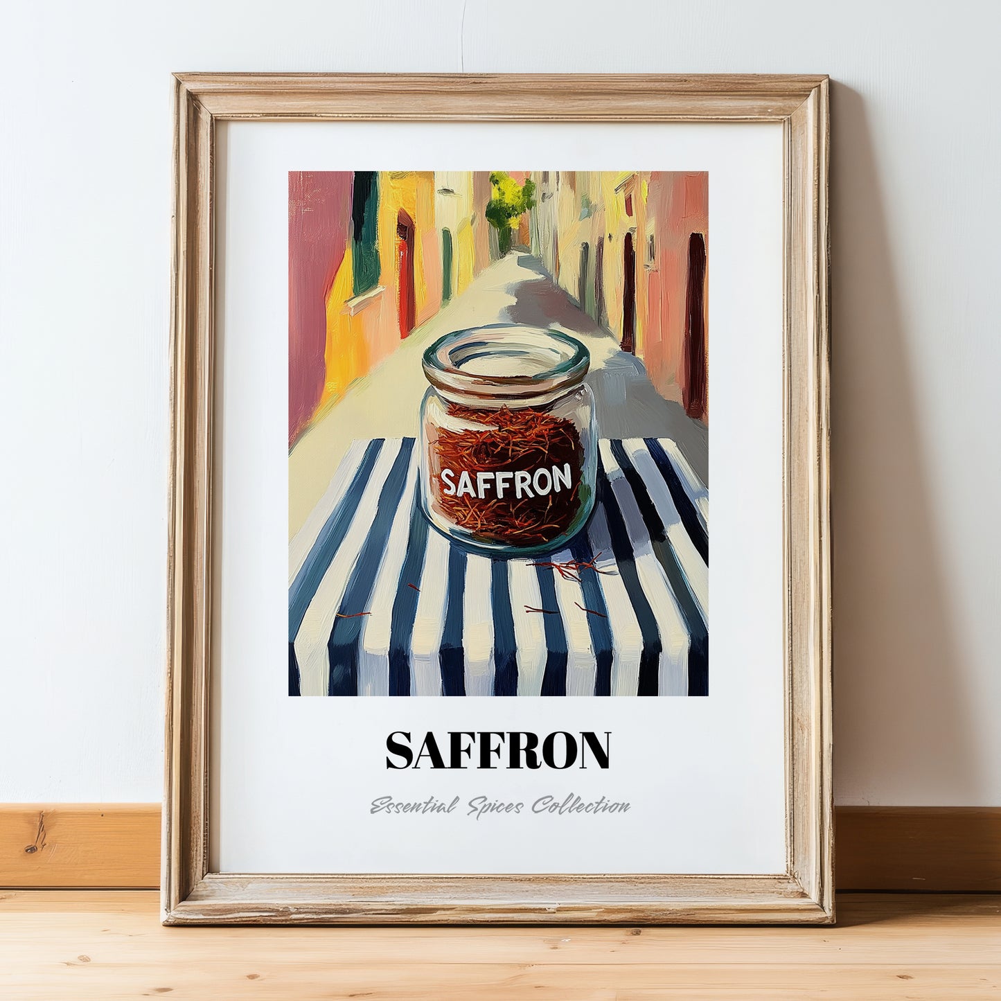 Saffron – Italian Street Café Scene, Spices Painting, in wooden frame leaning on the floor