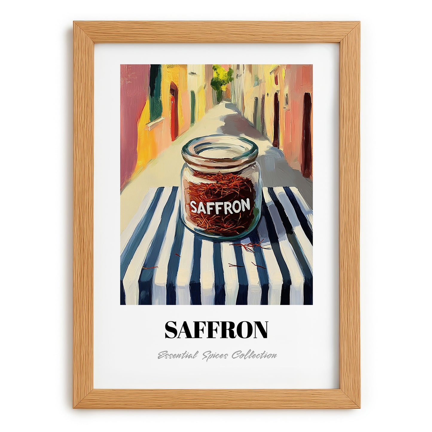 Saffron – Italian Street Café Scene, Spices Painting, set in oak frame