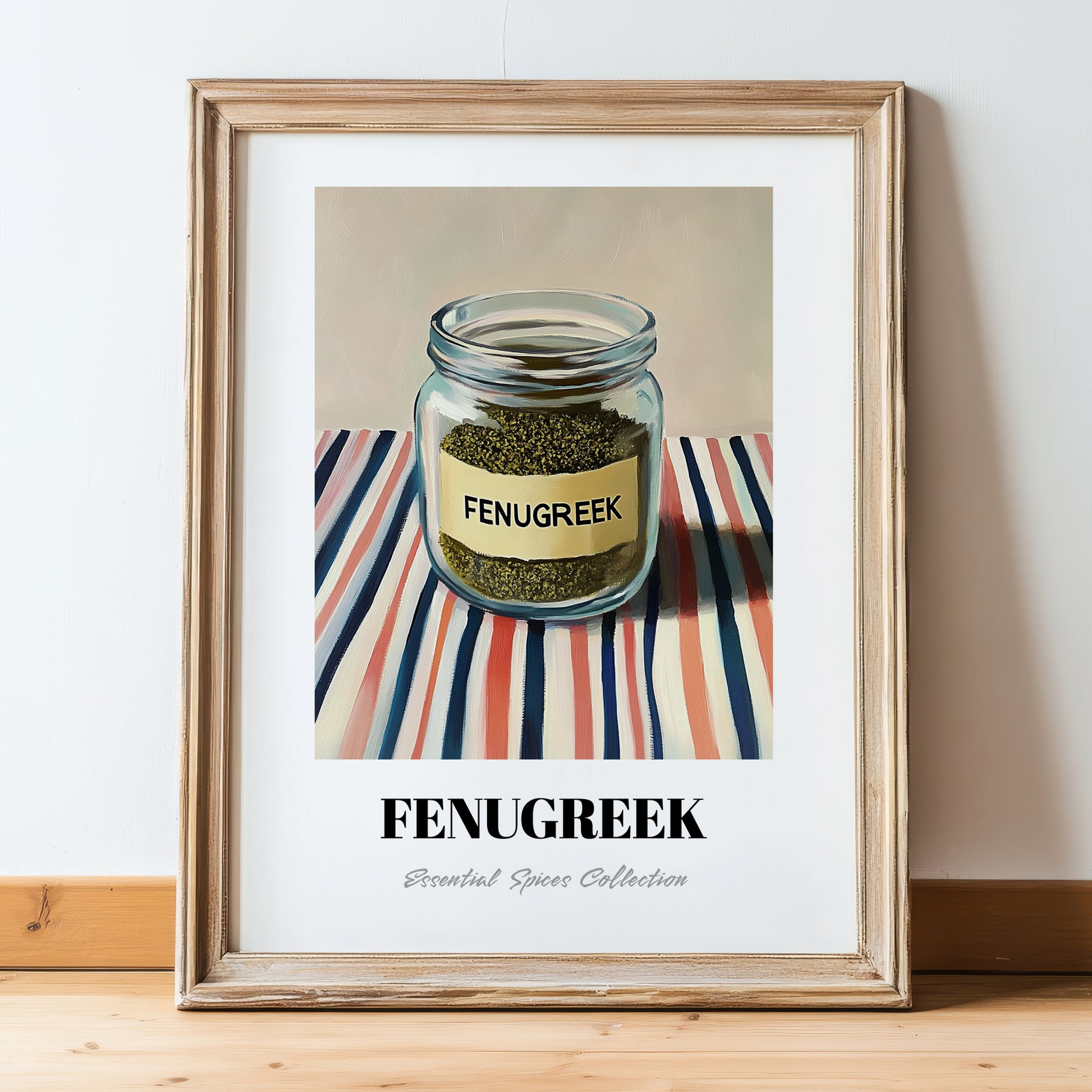 Fenugreek – on Striped Tablecloth, Spices Print, in wooden frame leaning on the floor