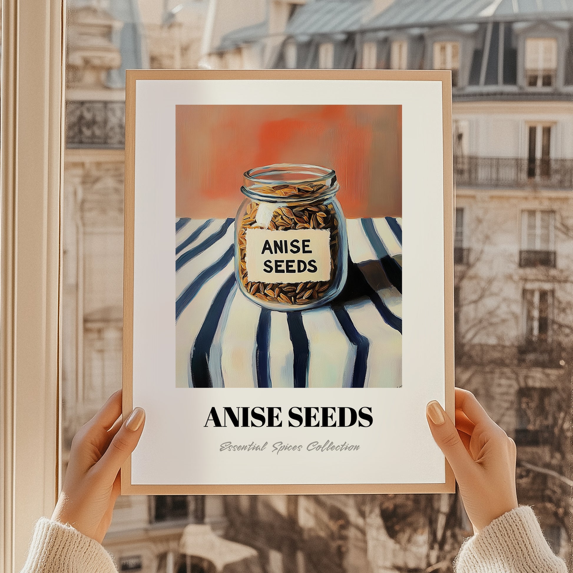 Anise Seeds – on Striped Tablecloth, Spices Still Life, styled in a charming Paris street view