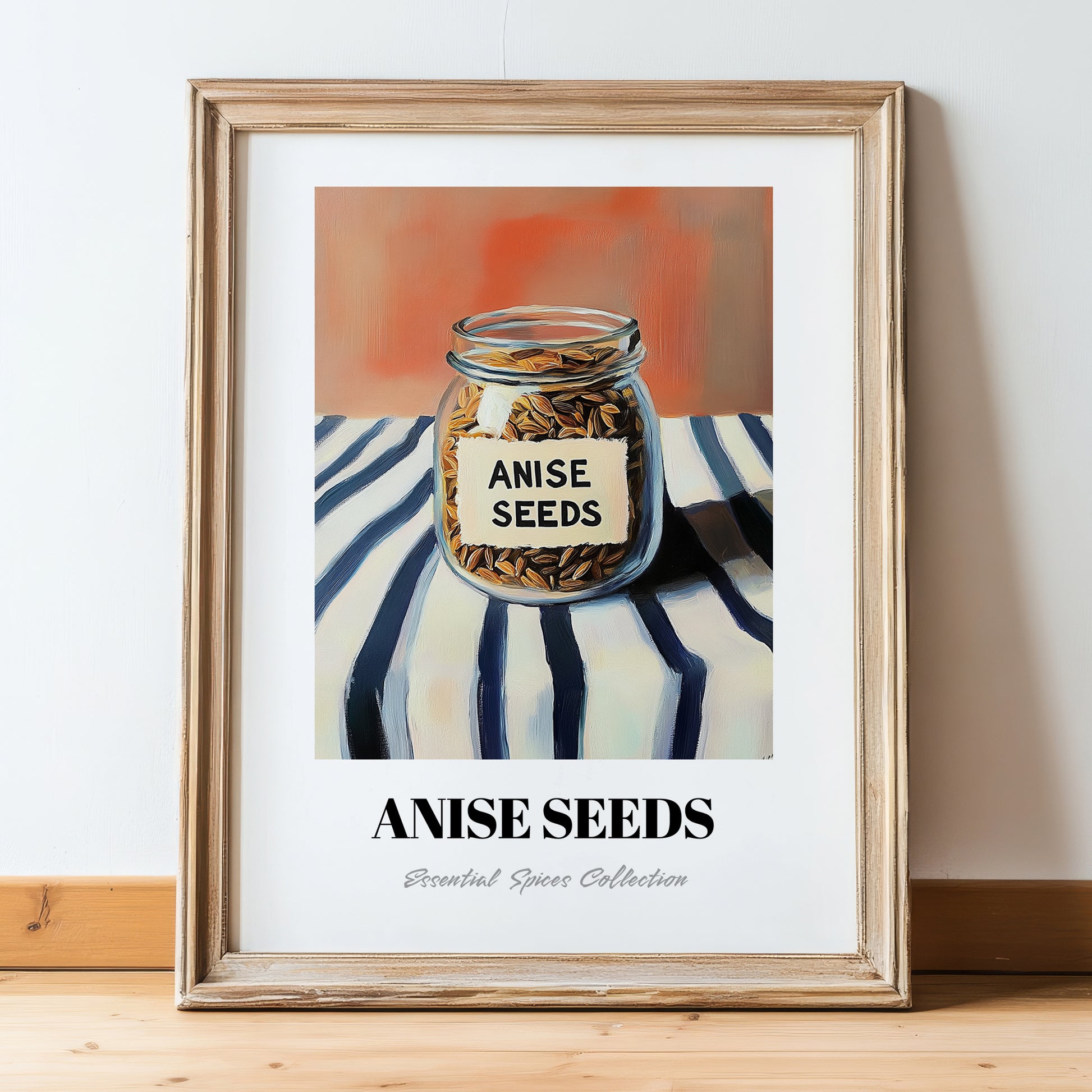 Anise Seeds – on Striped Tablecloth, Spices Still Life, in wooden frame leaning on the floor