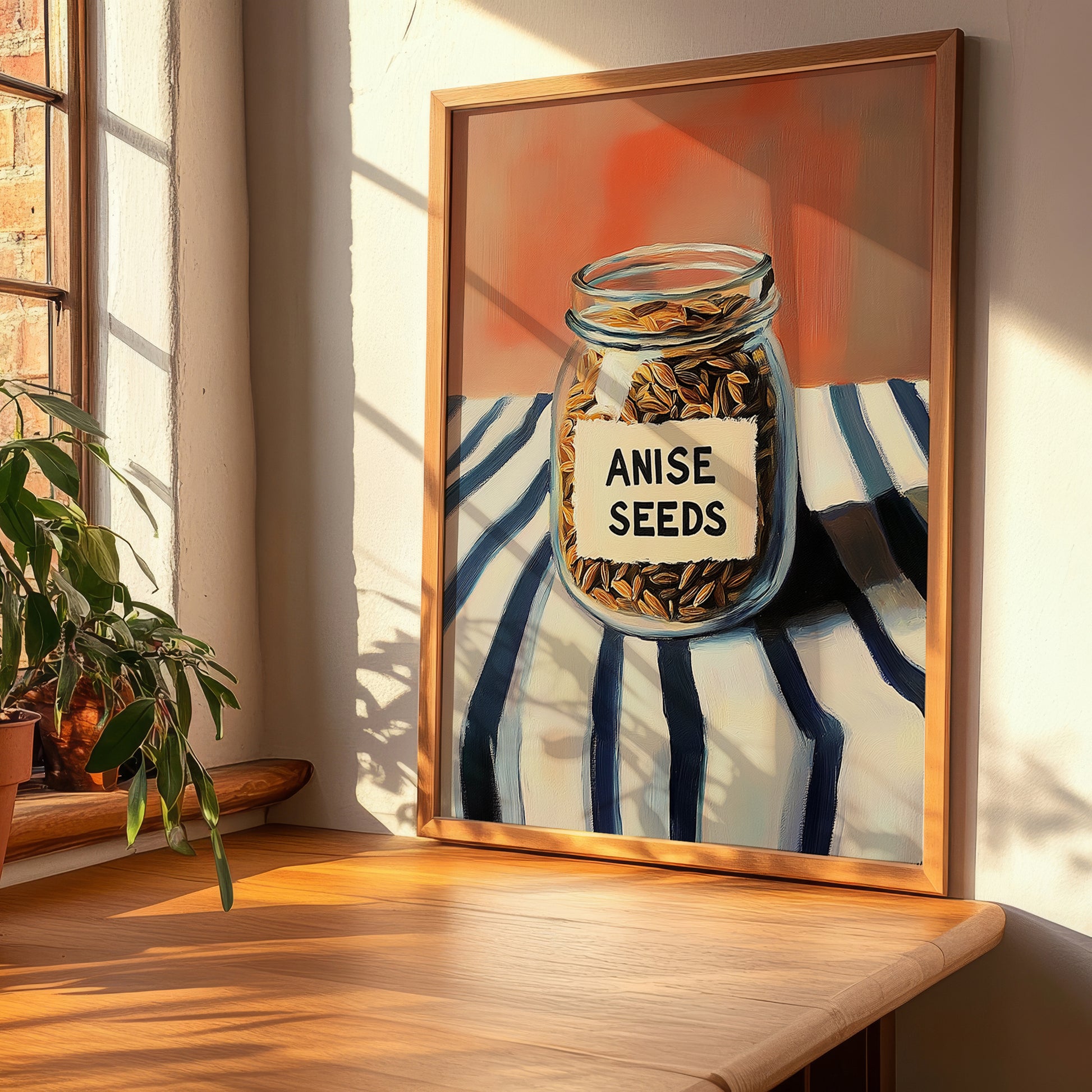 Anise Seeds – on Striped Tablecloth, Spices Still Life, clean layout with no caption