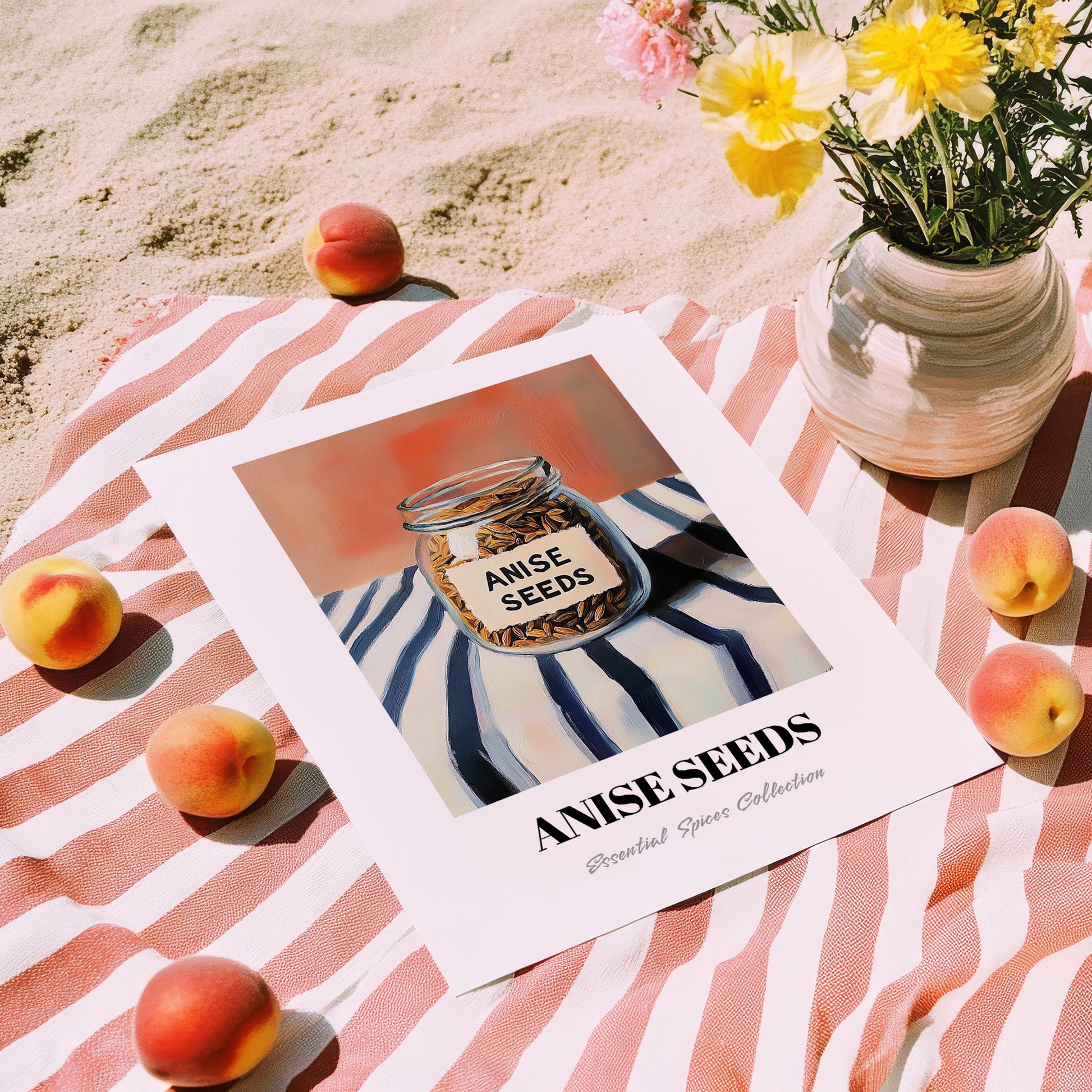 Anise Seeds – on Striped Tablecloth, Spices Still Life, unframed on coastal sand
