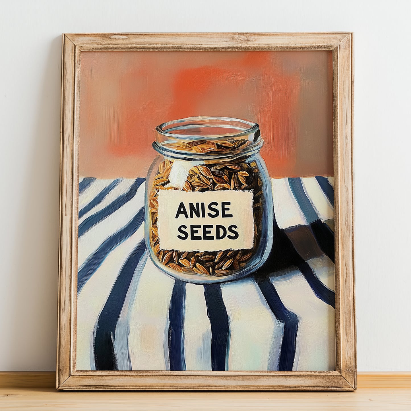 Anise Seeds – on Striped Tablecloth, Spices Still Life, no-text version framed in wood