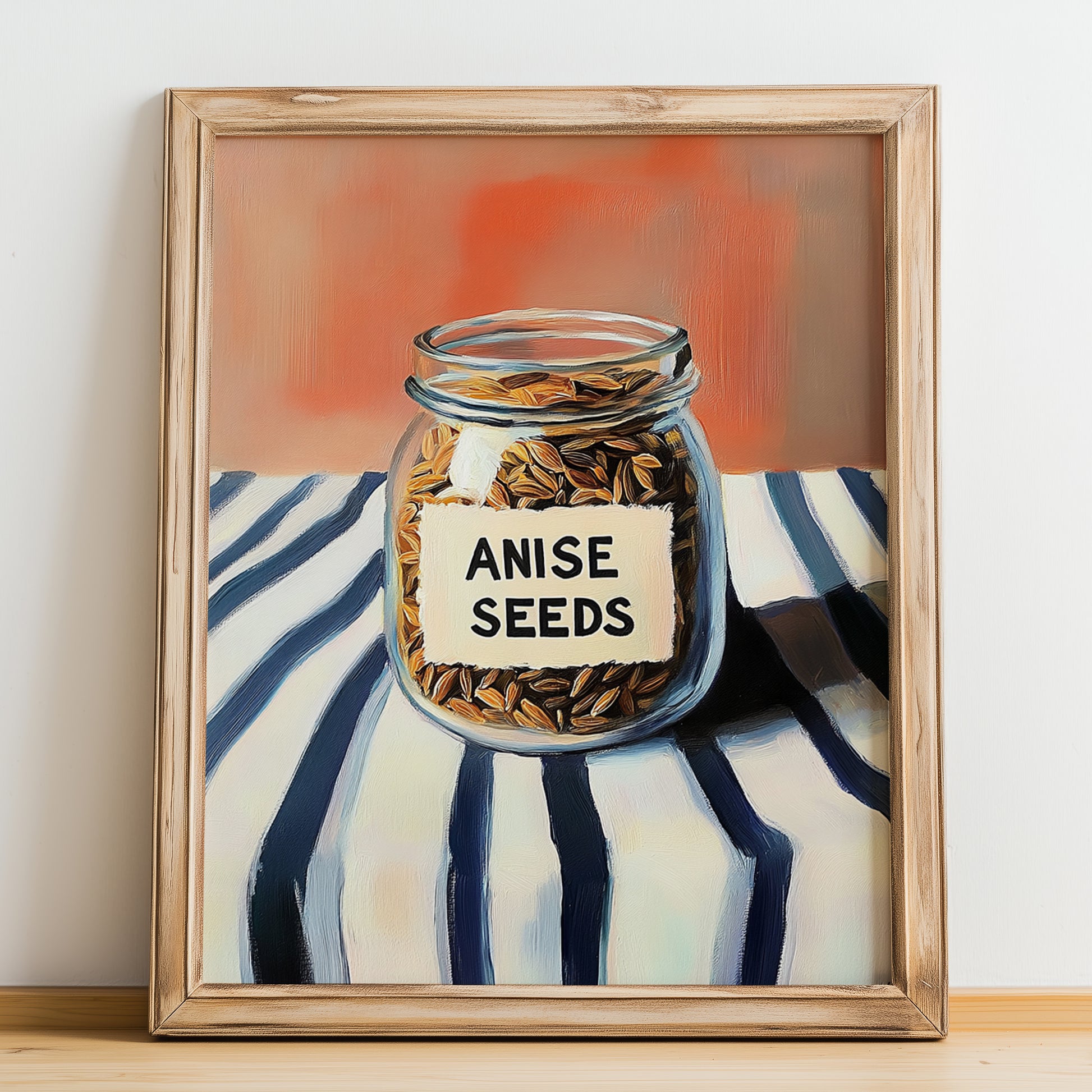 Anise Seeds – on Striped Tablecloth, Spices Still Life, no-text version framed in wood