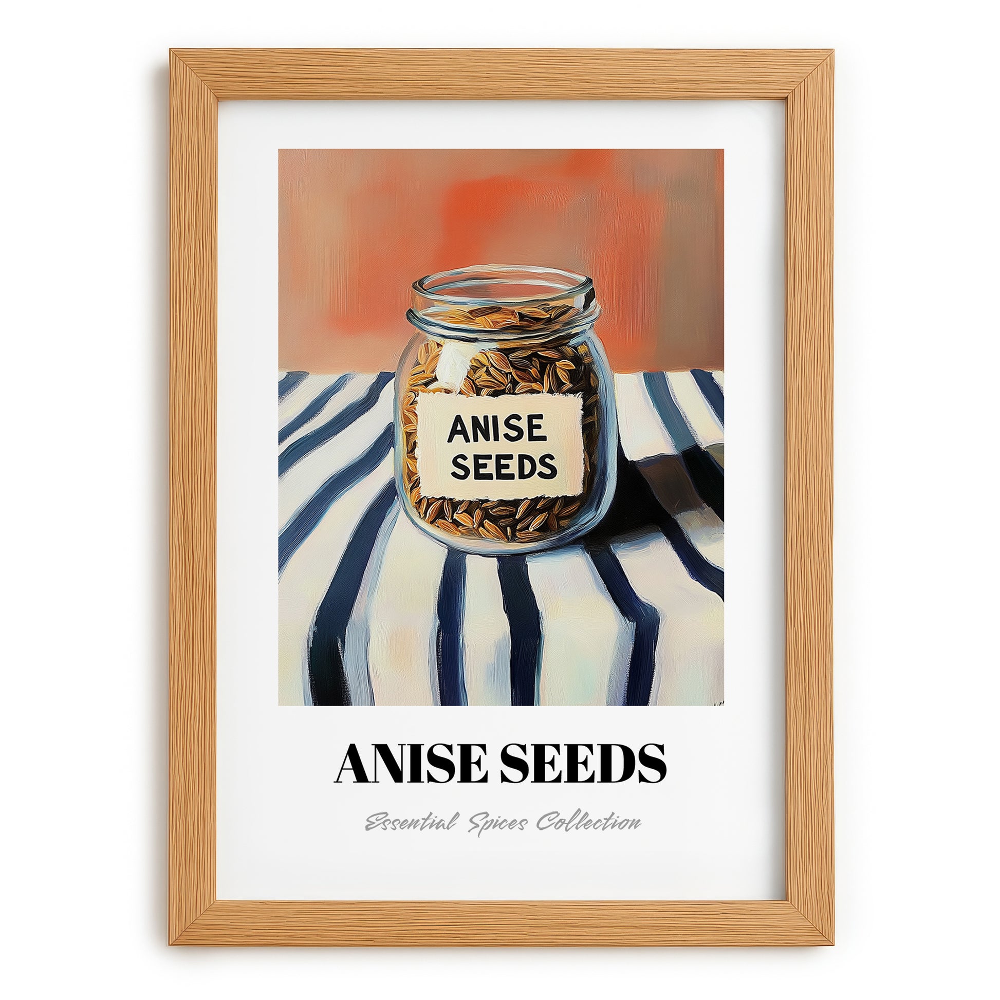 Anise Seeds – on Striped Tablecloth, Spices Still Life, set in oak frame
