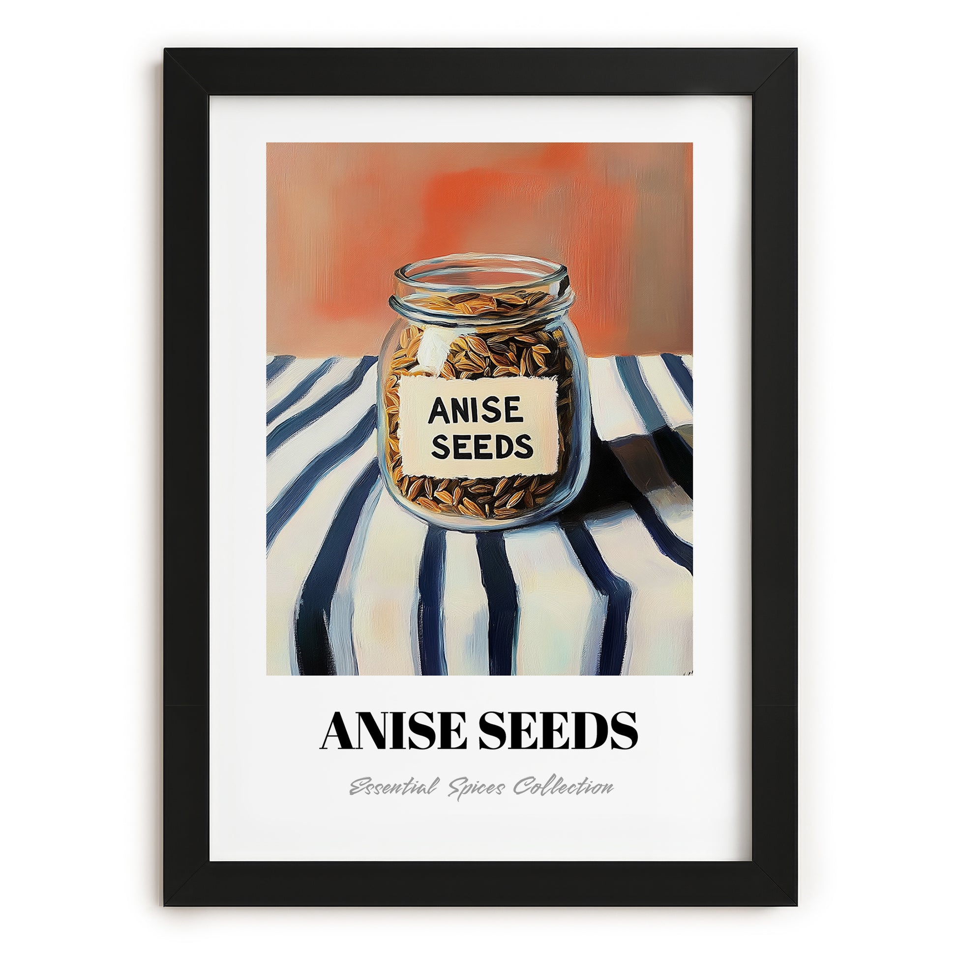 Anise Seeds – on Striped Tablecloth, Spices Still Life, in sleek black frame