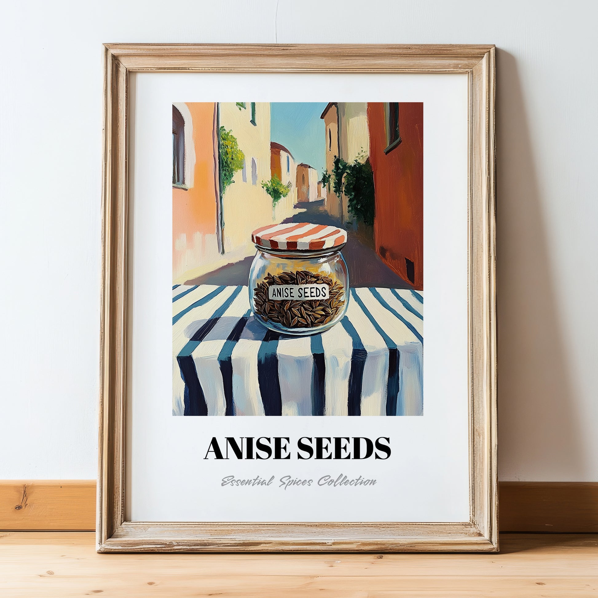 Anise Seeds – Italian Street Café Scene, Spices Print, in wooden frame leaning on the floor