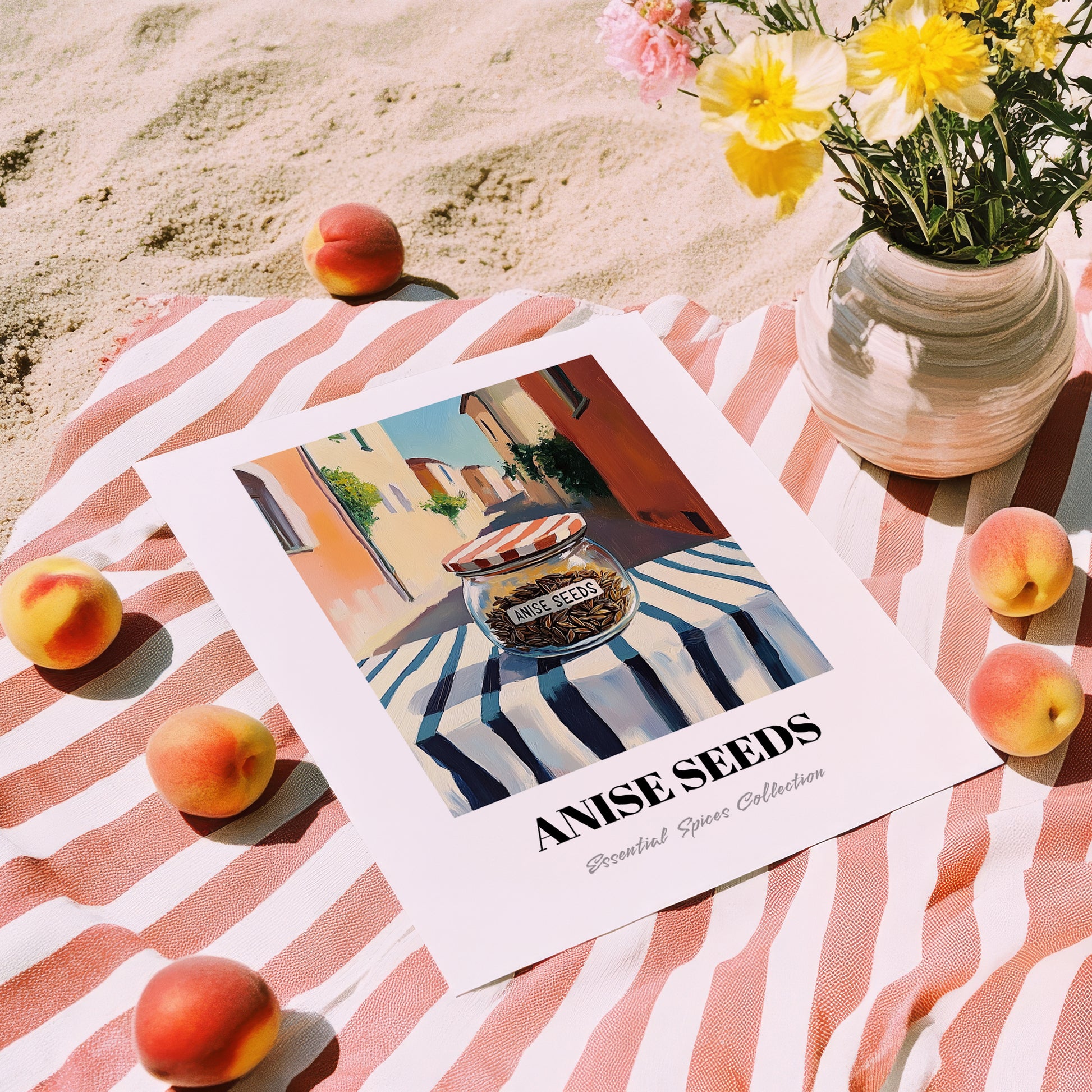 Anise Seeds – Italian Street Café Scene, Spices Print, unframed on coastal sand
