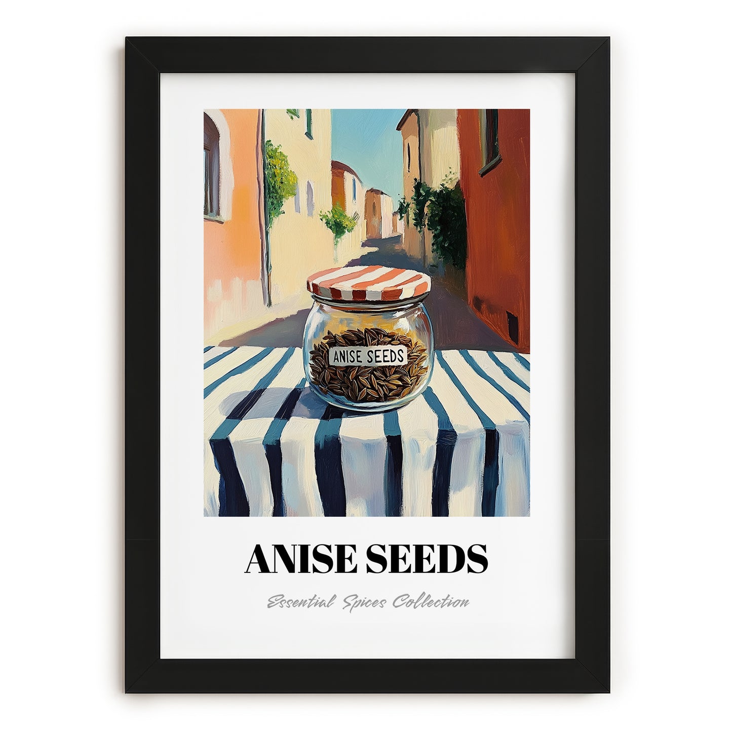 Anise Seeds – Italian Street Café Scene, Spices Print, in sleek black frame
