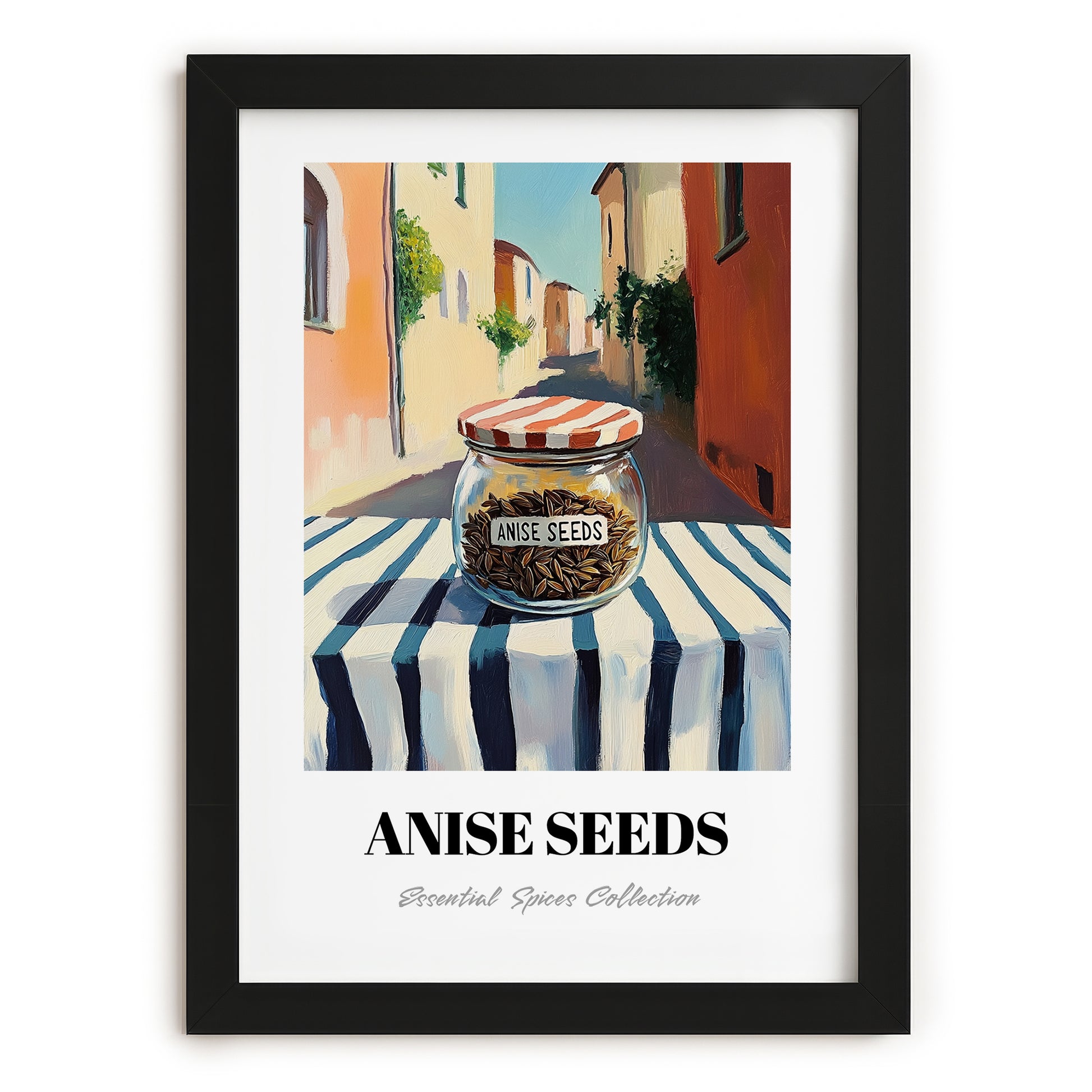 Anise Seeds – Italian Street Café Scene, Spices Print, in sleek black frame
