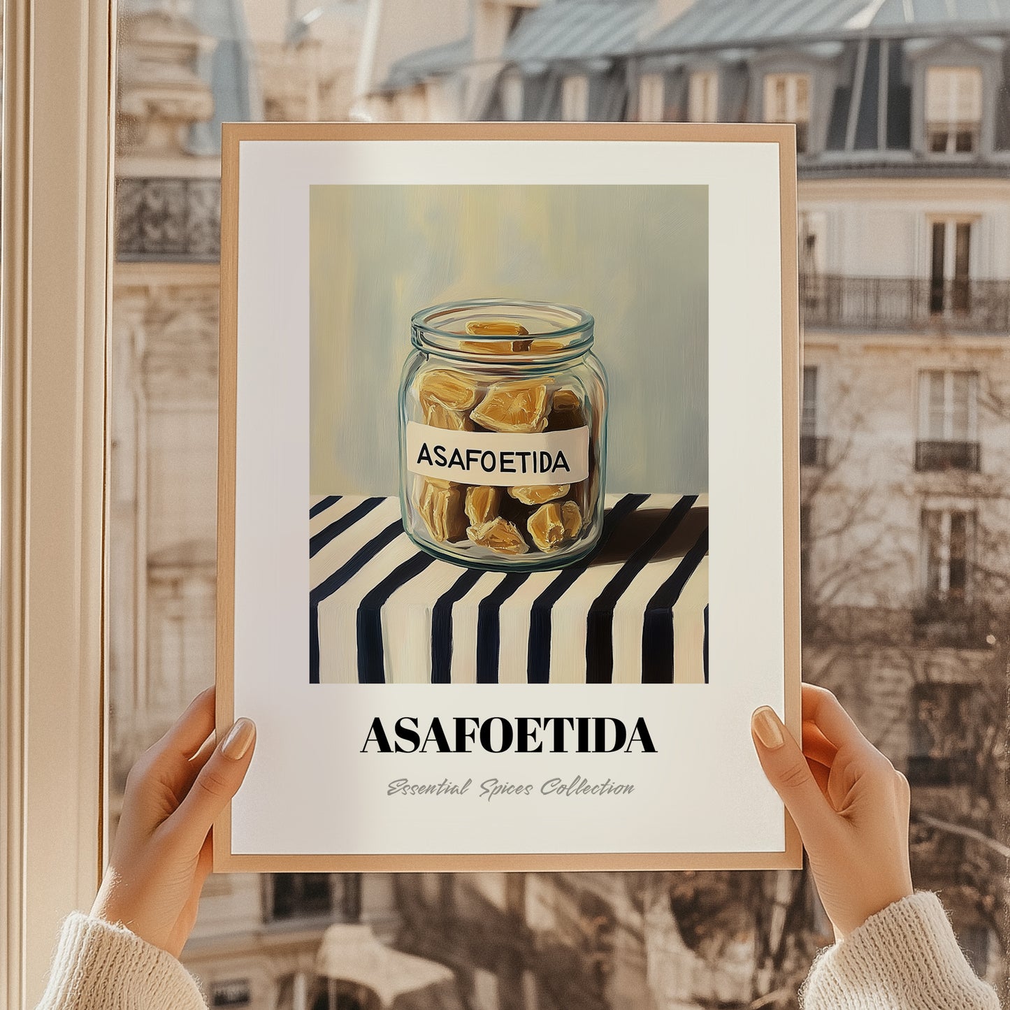 Asafoetida – on Striped Tablecloth, Spices Still Life, styled in a charming Paris street view