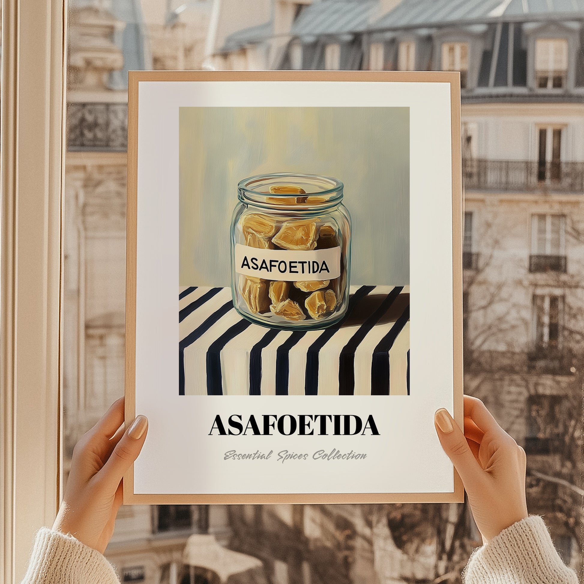 Asafoetida – on Striped Tablecloth, Spices Still Life, styled in a charming Paris street view