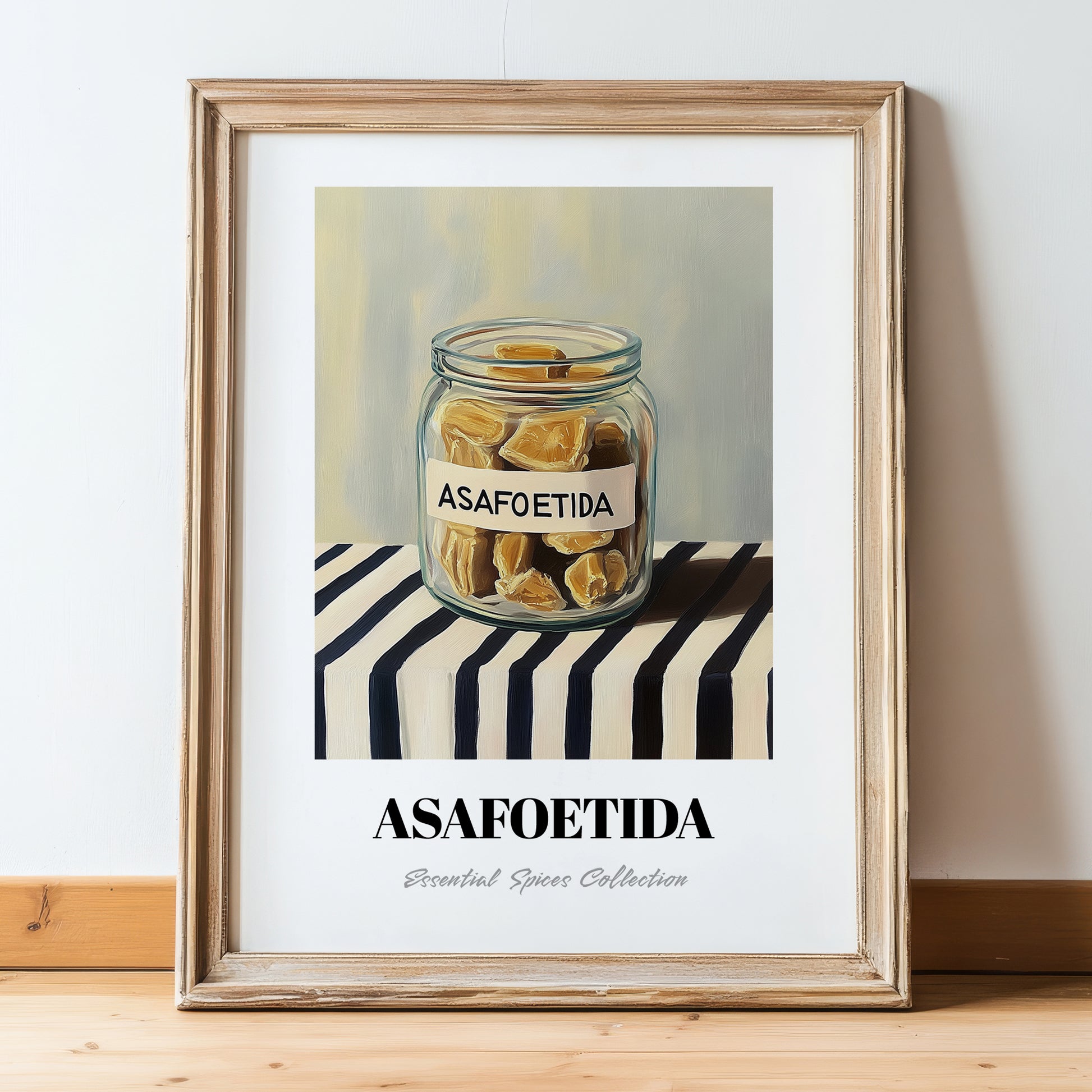 Asafoetida – on Striped Tablecloth, Spices Still Life, in wooden frame leaning on the floor