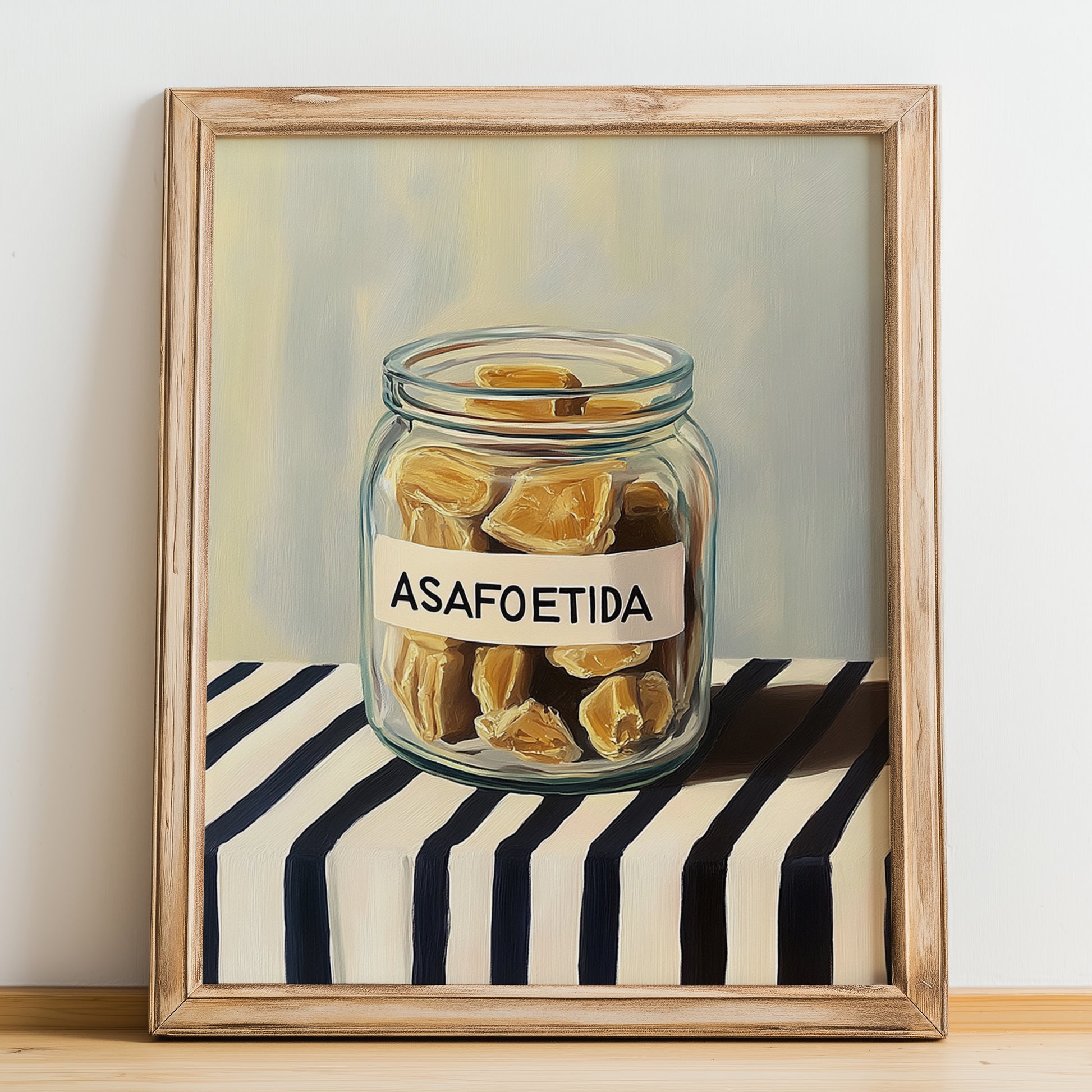 Asafoetida – on Striped Tablecloth, Spices Still Life, no-text version framed in wood