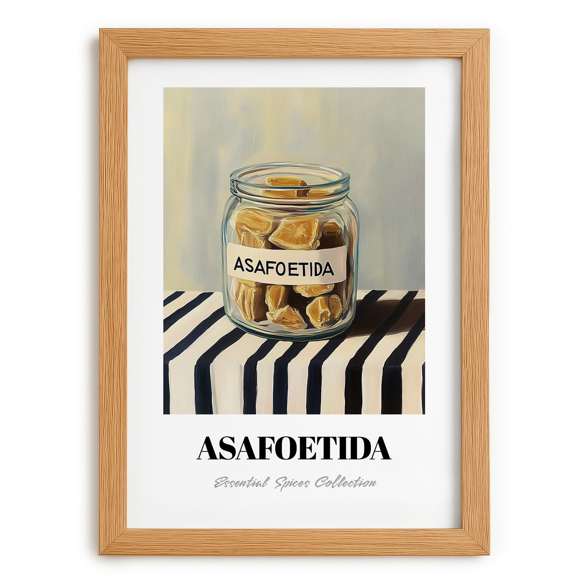 Asafoetida – on Striped Tablecloth, Spices Still Life, set in oak frame