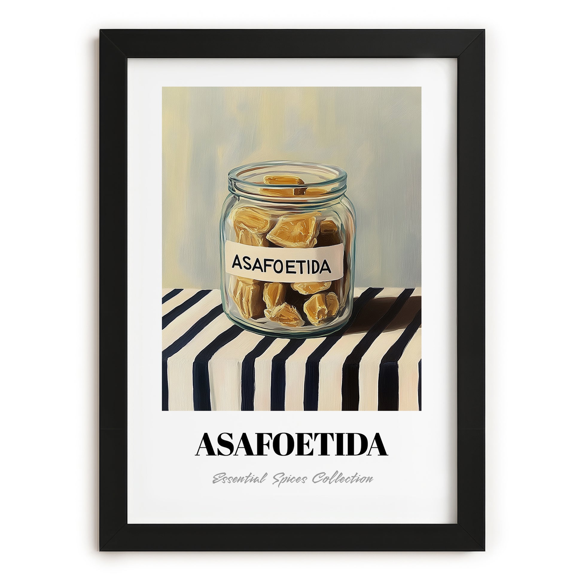Asafoetida – on Striped Tablecloth, Spices Still Life, in sleek black frame