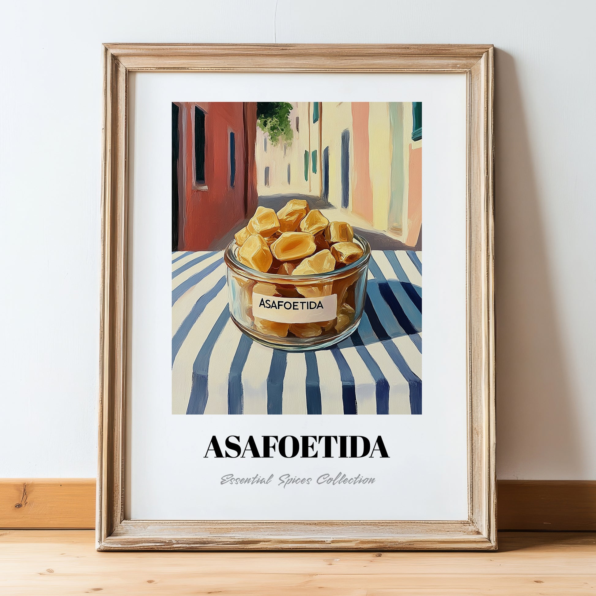 Asafoetida – Italian Café on the Corner, Spices Still Life, in wooden frame leaning on the floor