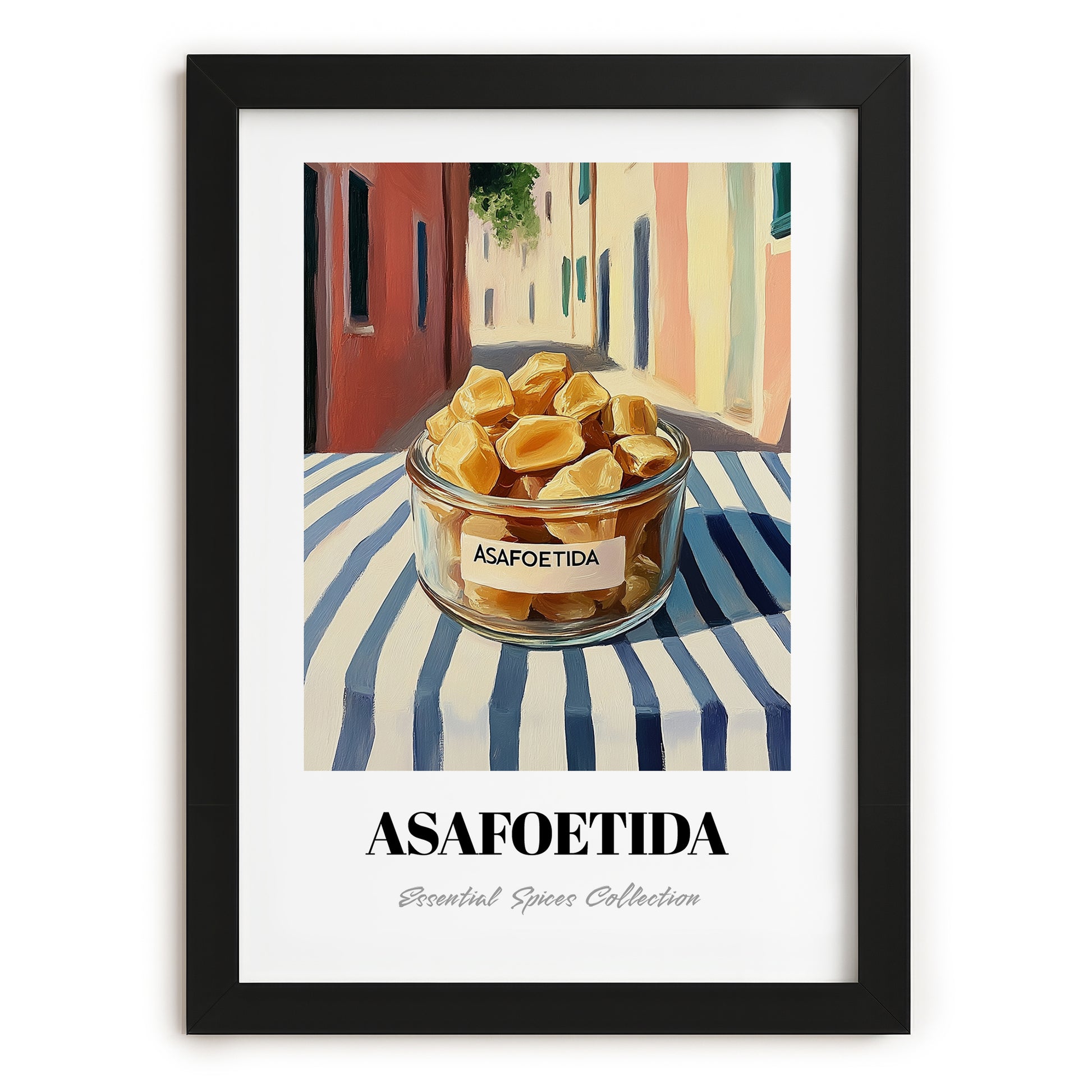 Asafoetida – Italian Café on the Corner, Spices Still Life, in sleek black frame
