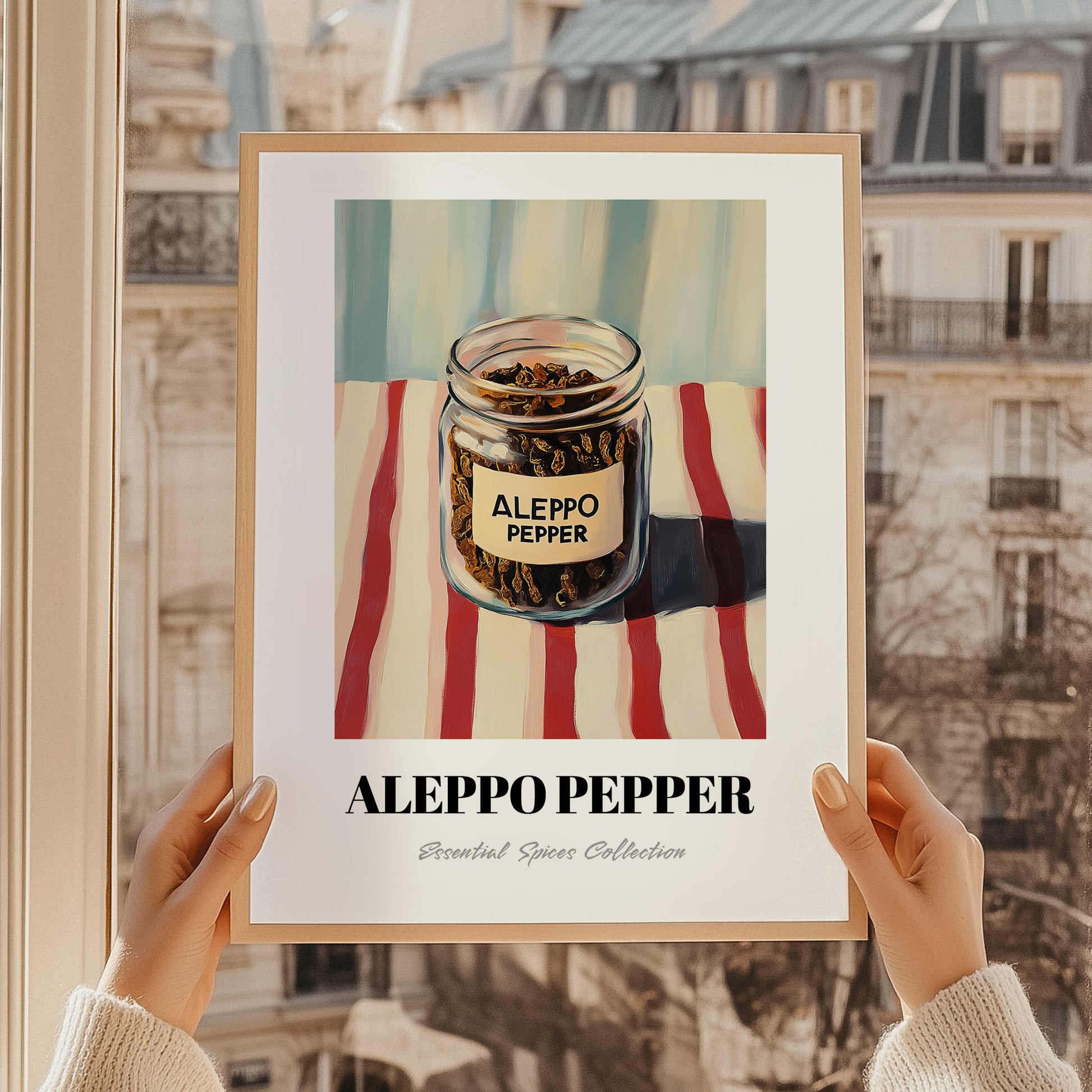 Aleppo Pepper – on Striped Tablecloth, Spices Painting, styled in a charming Paris street view