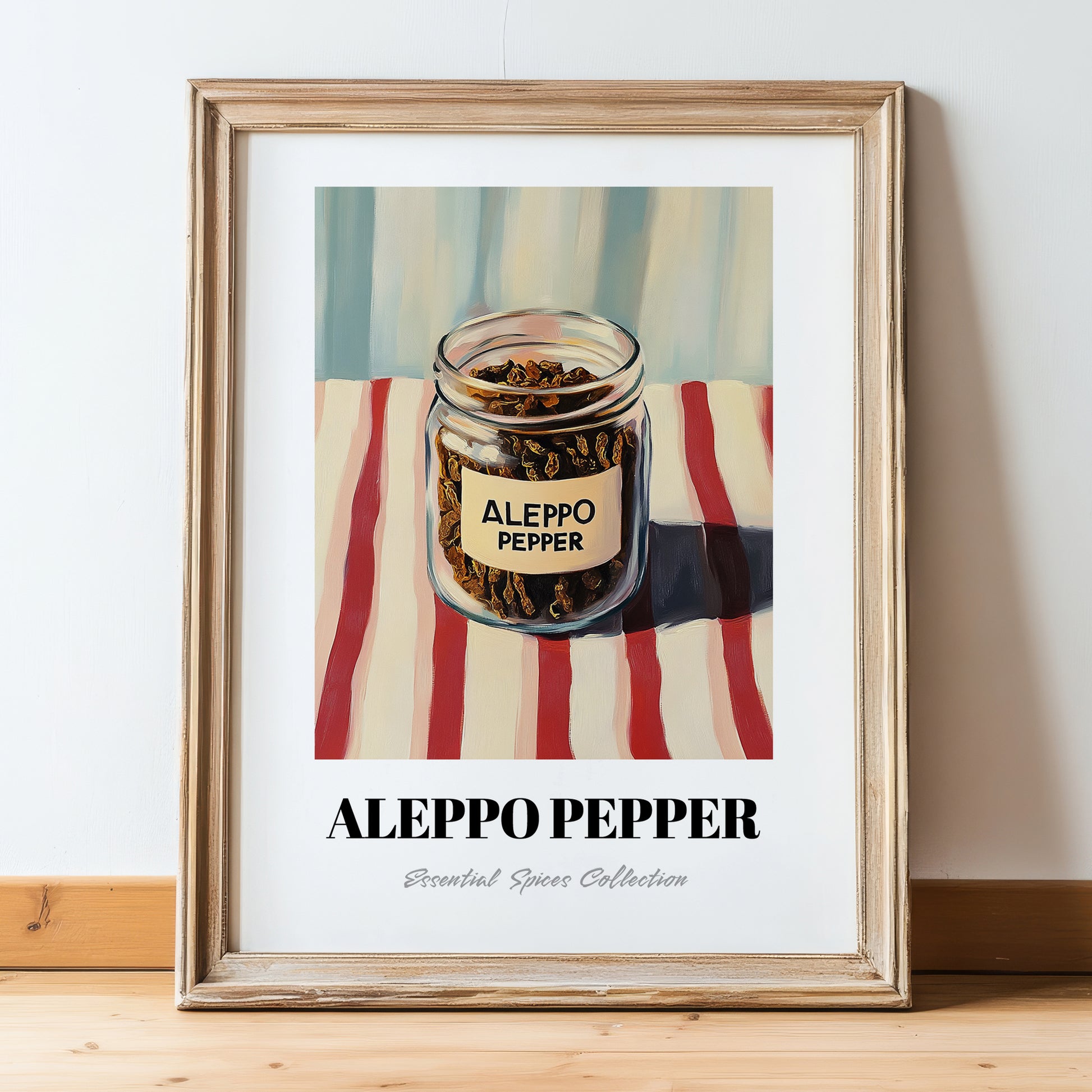 Aleppo Pepper – on Striped Tablecloth, Spices Painting, in wooden frame leaning on the floor