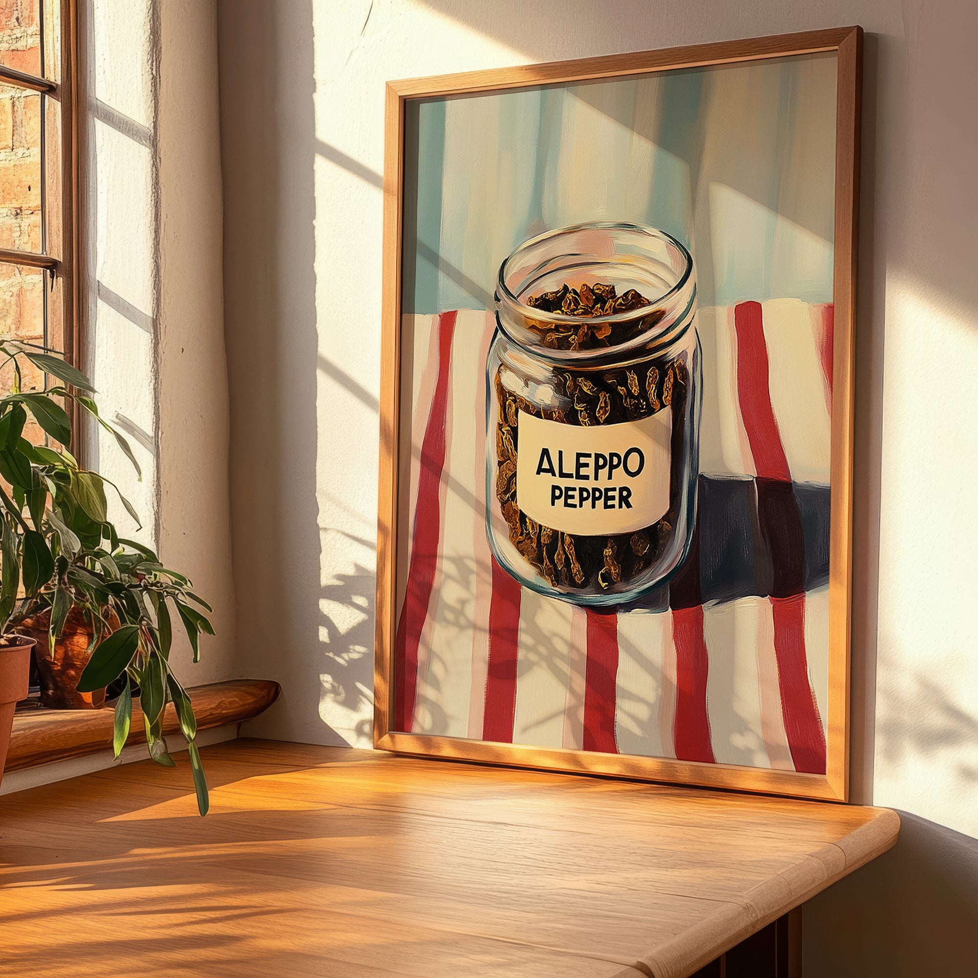 Aleppo Pepper – on Striped Tablecloth, Spices Painting, clean layout with no caption