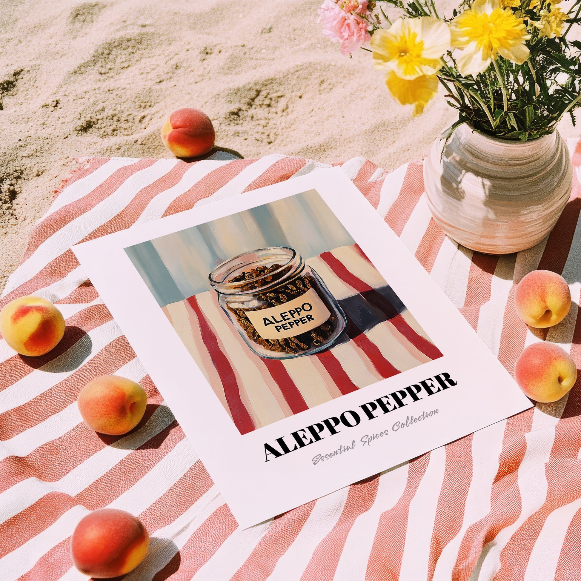 Aleppo Pepper – on Striped Tablecloth, Spices Painting, unframed on coastal sand