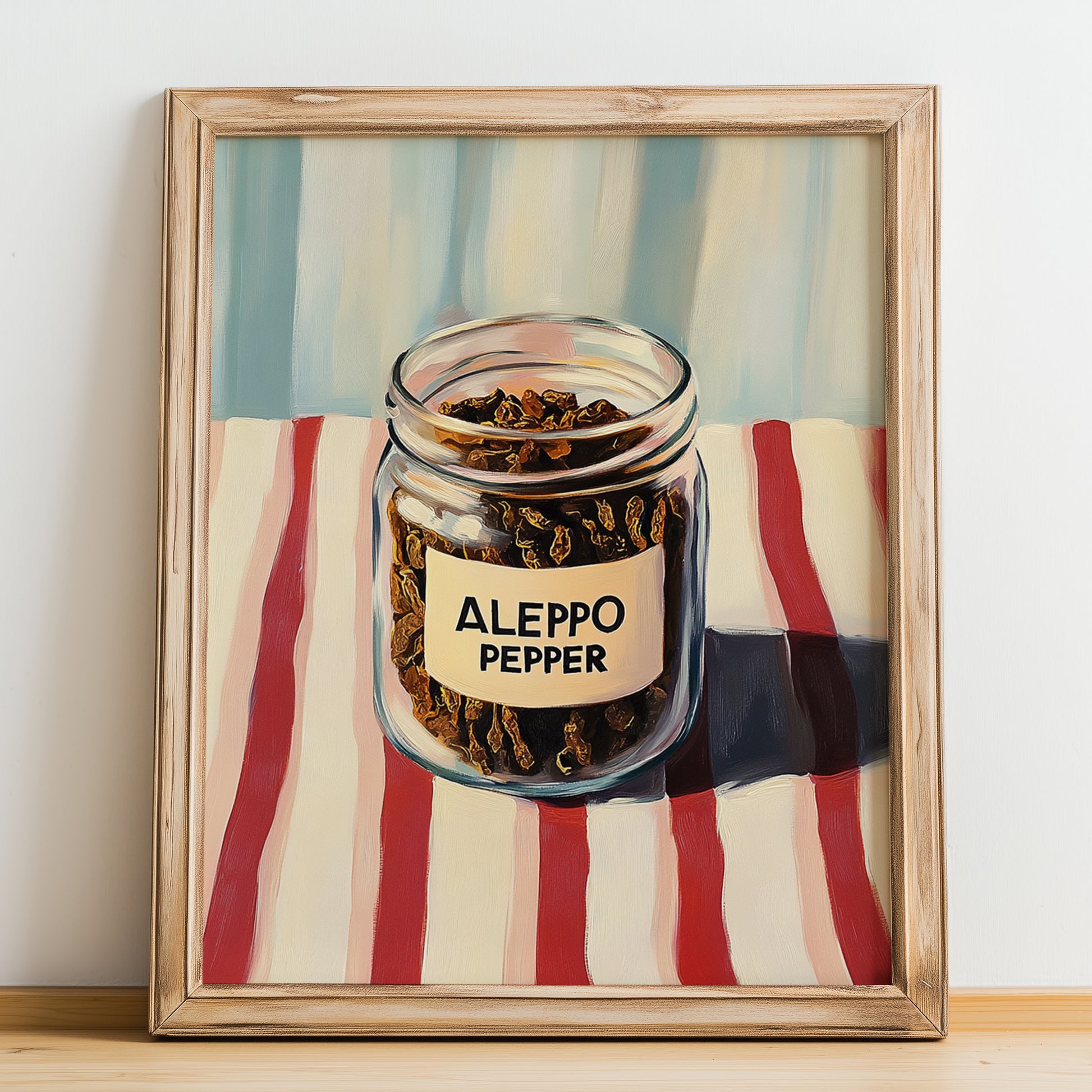 Aleppo Pepper – on Striped Tablecloth, Spices Painting, no-text version framed in wood