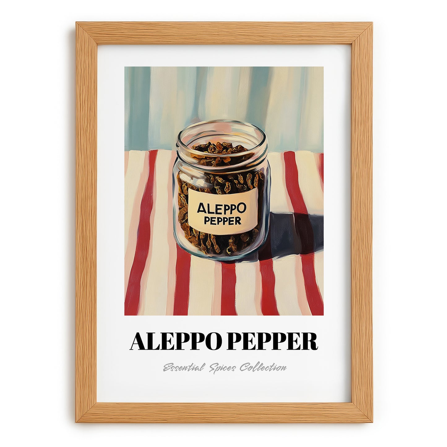 Aleppo Pepper – on Striped Tablecloth, Spices Painting, set in oak frame